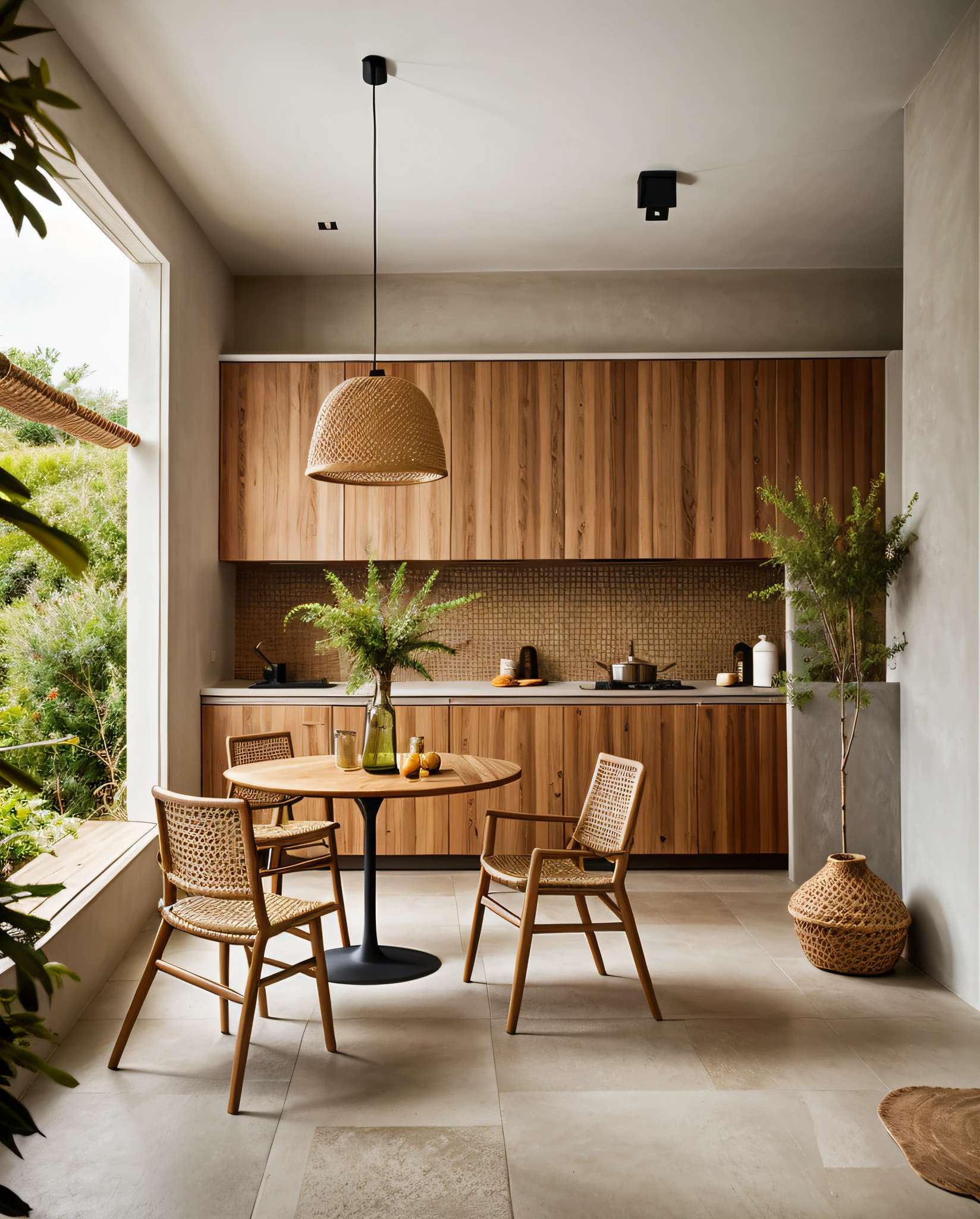 wabi-sabi kitchen interior, rough-hewn material, exposured wood, rattan dinning table, rattan pendant light, stucco wall, wood floor