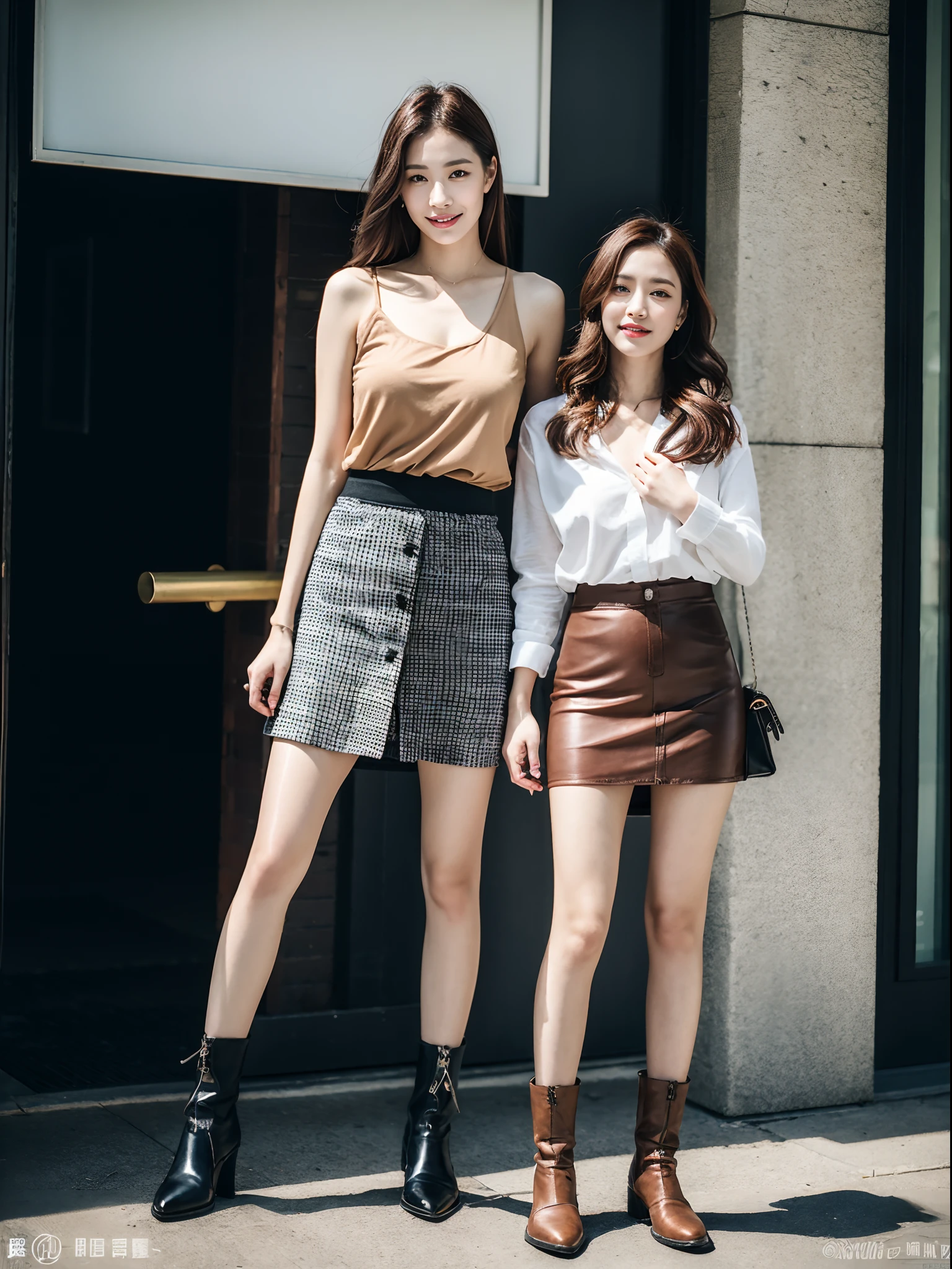 (RAW photo:1.2), (Photorealistic:1.4),Beautiful detailed woman,very detailed eyes and faces, A detailed eye, ultra - detailed, A high resolution, The is very detailed,best qualtiy,illustratio,unified,8k 壁纸,tmasterpiece,best qualtiy,1 group of girls standing side by side,full bodyesbian, 1girll,Solo,a skirt,carryng bag,long whitr hair,Boots,jewely,full bodyesbian,brown hair,Fashionab,Black shoes,耳Nipple Ring,standing on your feet,with brown eye,realisticlying