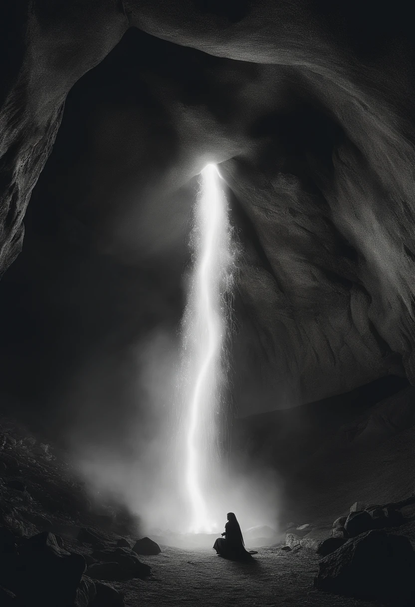 (Best Quality, masutepiece),  (1girl in, Solo,brown robes, Facial expression face, Looking away, Sitting, Wide sleeves, Black eyes, Closed mouth, Ribbon-shaped fire on the head, Long hair, Cowboy Shot), (monochromes, Night sky at the entrance of the cave , Light rising from below, inside a cave, Floating glowing bundle of white particles, Fire burning at hand, Float a lot of small fires),