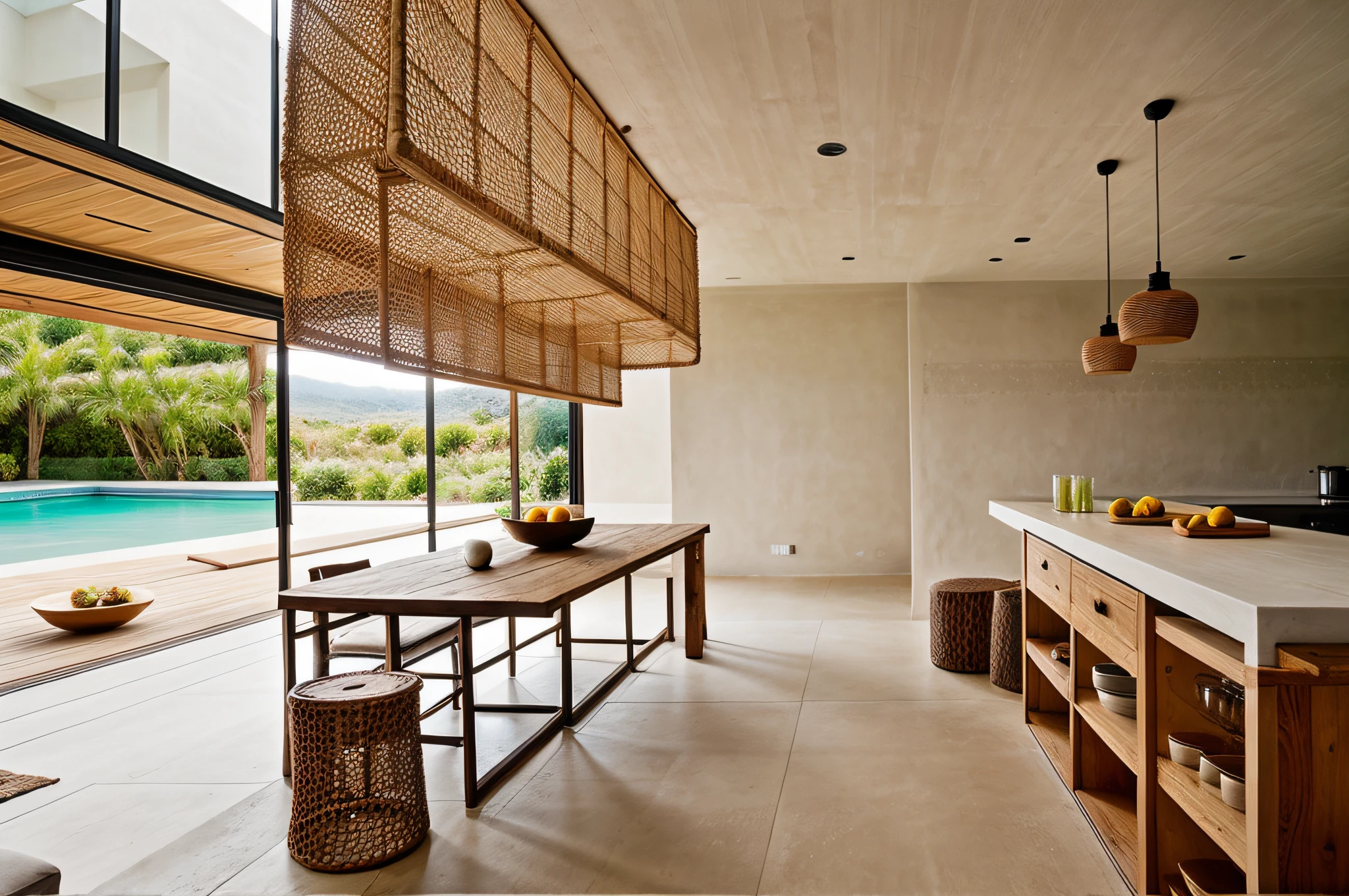 wabi-sabi kitchen interior, rough-hewn material, exposured wood, rattan dinning table, rattan pendant light, stucco wall, wood floor