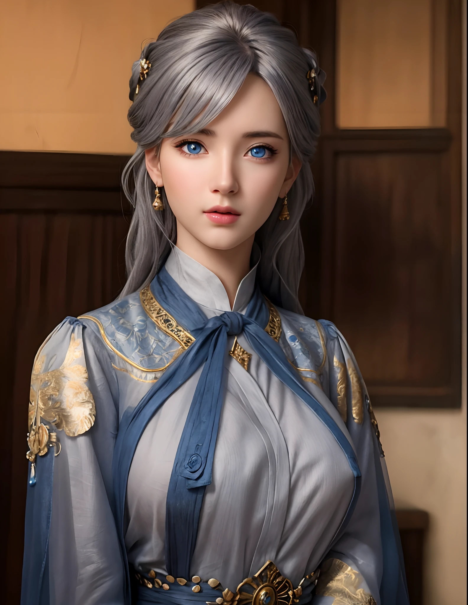(hyperrealistic), (illustration), (high resolution), (8K), (extremely detailed), (best illustration), (beautiful detailed eyes), (best quality), (ultra-detailed), (masterpiece), (wallpaper), (photorealistic), (natural light), (rim lighting), (detailed face), (high detailed realistic skin texture), (anatomically correct), (solo), (1 girl), (high detailed realistic hair), (bluish gray hair:1.35), (heterochromic eyes), (detailed eyes), (blue eyes:1.37), (sparkling eyes), (realistic big breasts:1.5), (exposed nipples breasts:1.35), (long legs), (slender abs), (dynamic pose), (closed tiny mouth:1.3), nsfw, concentrated expression.