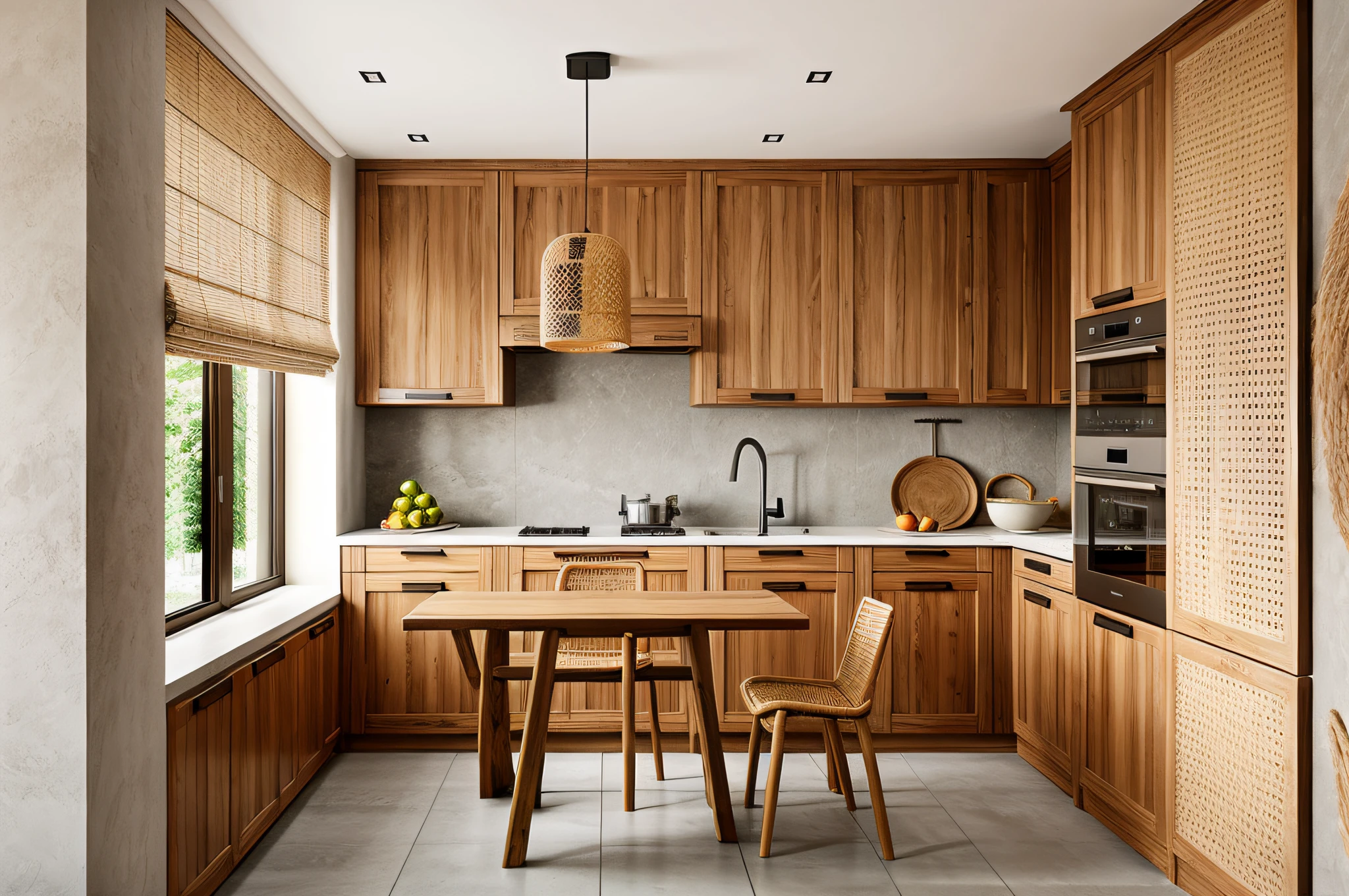 wabi-sabi kitchen interior, rough-hewn material, exposured wood, rattan dinning table, rattan pendant light, stucco wall, tiled floor