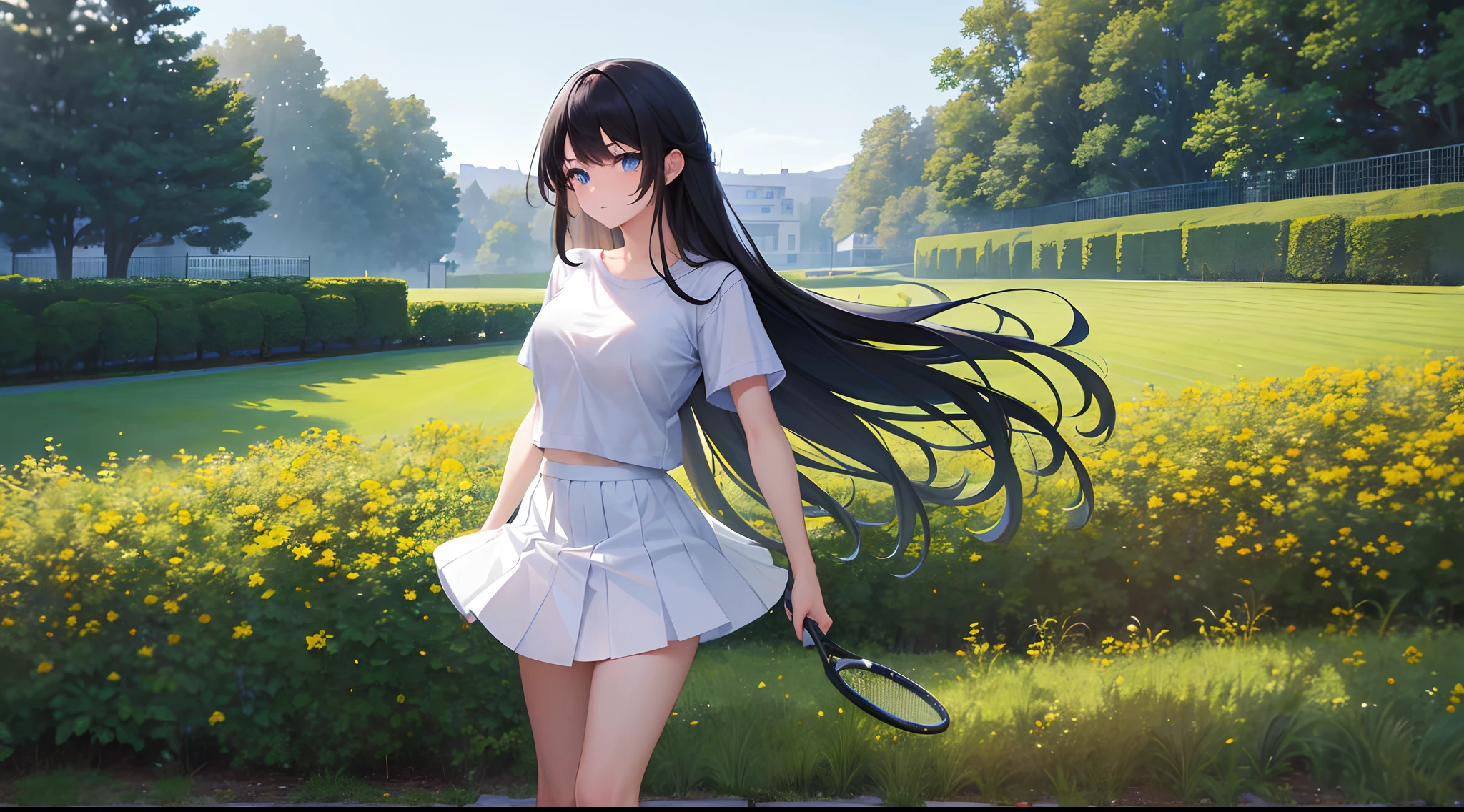 (masterpiece), best quality, expressive eyes, perfect face, 1girl, long black hair, tennis, blue eyes, background field, absurdres, high res, ultrasharp, 8K, masterpiece, looking at viewer, wearing white t-shirt, wearing white sort skirt, little smile