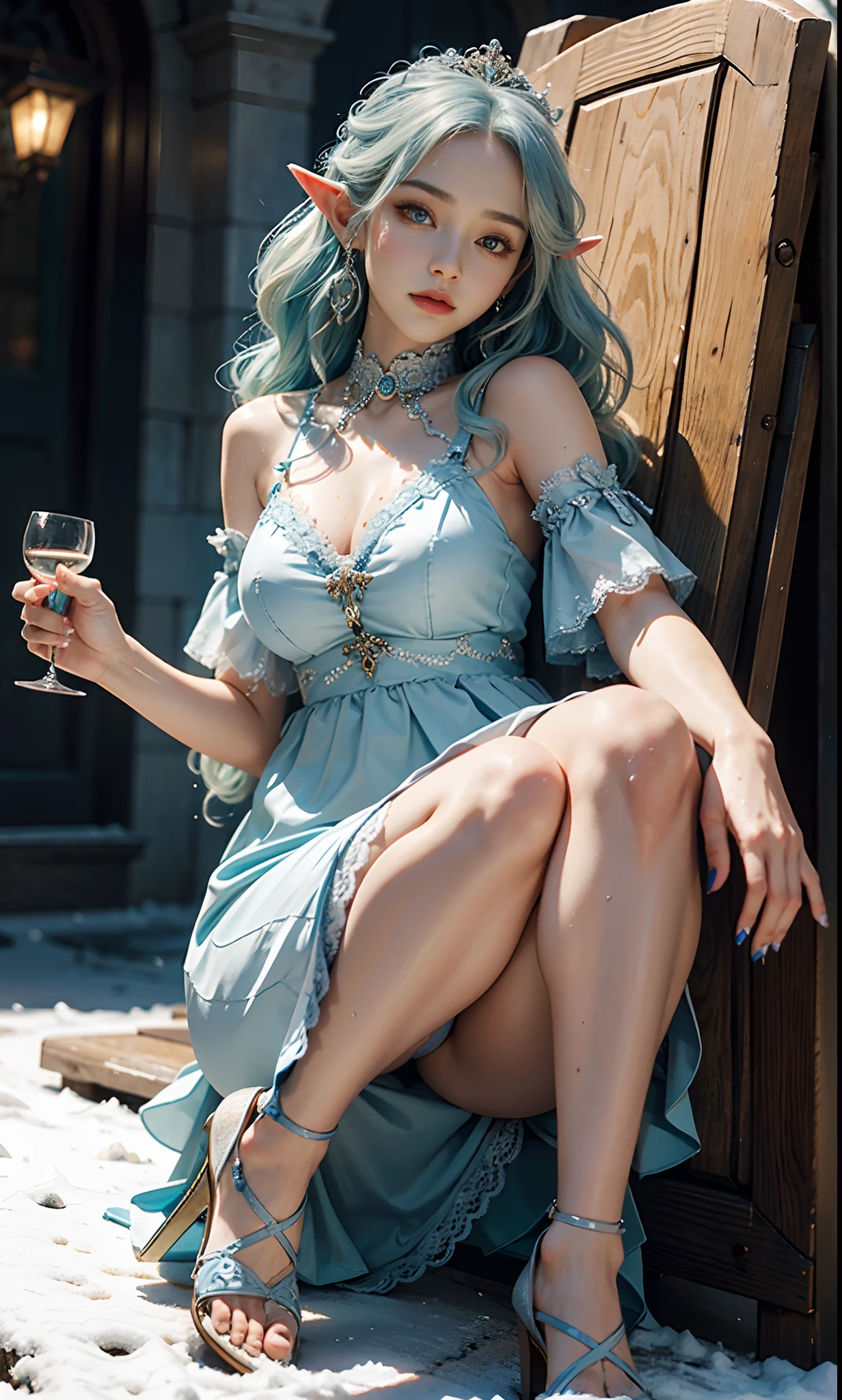 (raining day:1 girl with blue and white hair, Hold a wine glass,Girl), tmasterpiece, best qualtiy, RAW photogr, realisticlying, the face, Incredibly Ridiculous res, Beautiful elf beauty,Elf Princess,head chain,ear studs,Get wet all over, (Extra-long blue and white curls),White lace ta dress,light yarn,heeled sandals,Hold a wine glass,depth of fields, A high resolution, ultra - detailed, filigree, RAWE is very detailed, very detailed eyes and faces, Sharp pupils, realistic pupil, tack sharp focus, cinmatic lighting,full bodyesbian,Bigboobs,long leges,From the front side,Throne on a snowy day,dynamicposes