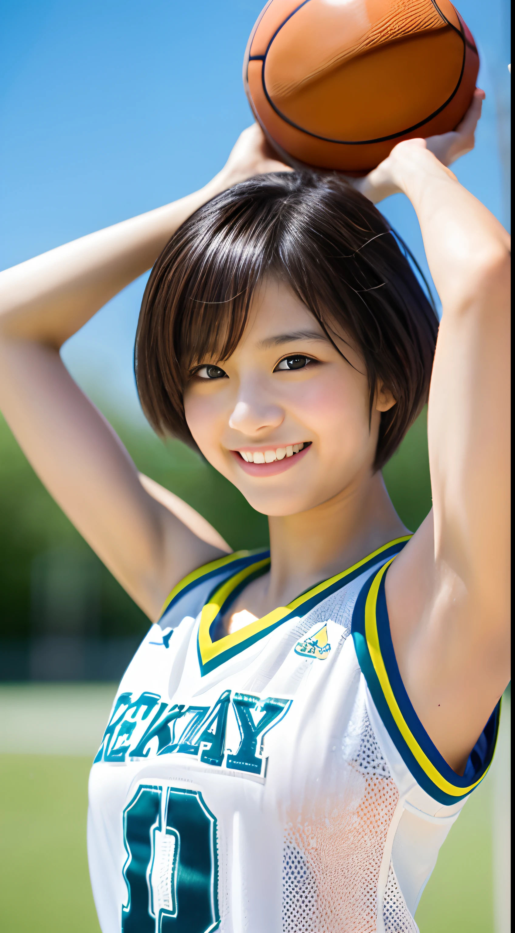 (​masterpiece,top-quality,超A high resolution),A Japanese Lady, (((Very beautiful 12 year old girl))), Kawaii Girl、View photographer､Front view,  ((Shorthair)), hyper cute face, Glossy lips, Double eyelids in both eyes,Smiling smile、 Natural makeup, long eyelashes, Glossy and smooth hair quality､central image,  Perfect limbs, Perfect Anatomy,(((Basketball Uniforms)))、(((Wet and see-through with sweat)))Full body reflection,Show the armpits,