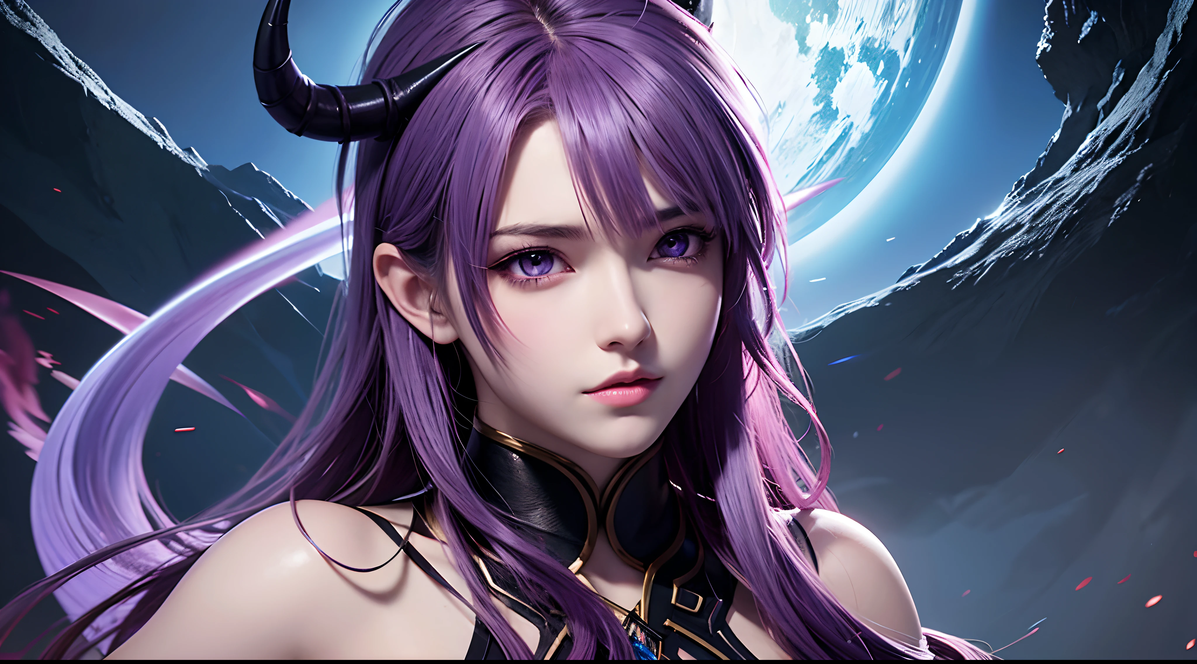 Extremely detailed artwork, best quality, 8k: Anime character with purple hair and glowing eyes against dark background, handsome guy in demon slayer art, epic fantasy art style epic, badass anime 8k, epic fantasy digital art style, detailed anime digital art, male demon human, portrait of the underworld , epic fantasy art style hd, expressive fierce 8k, male demon, extremely detailed artgerm.