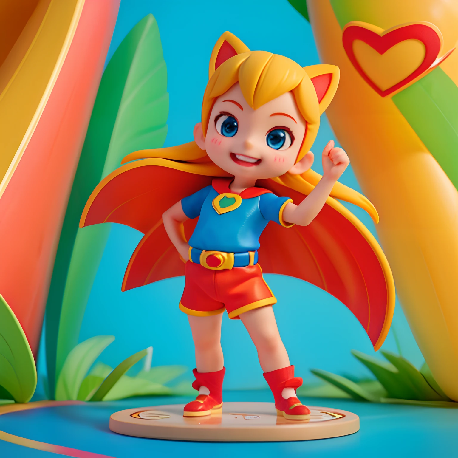 Child dressed as a hero, feliz, encantadora, sorrindo, pulando, Child dressed as a superhero, imagem em formato de desenho animado, estilo da disney, muitas cores, imagem colorida.