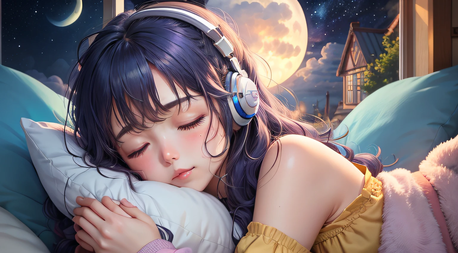 colorful、on clouds、kosmos、night, Big Moon in window、realistic、The girl is sleeping、She wears delicate headphones that blend into her hair, Only one stuffed animal、closed eyes, hugging pillow、超A high resolution