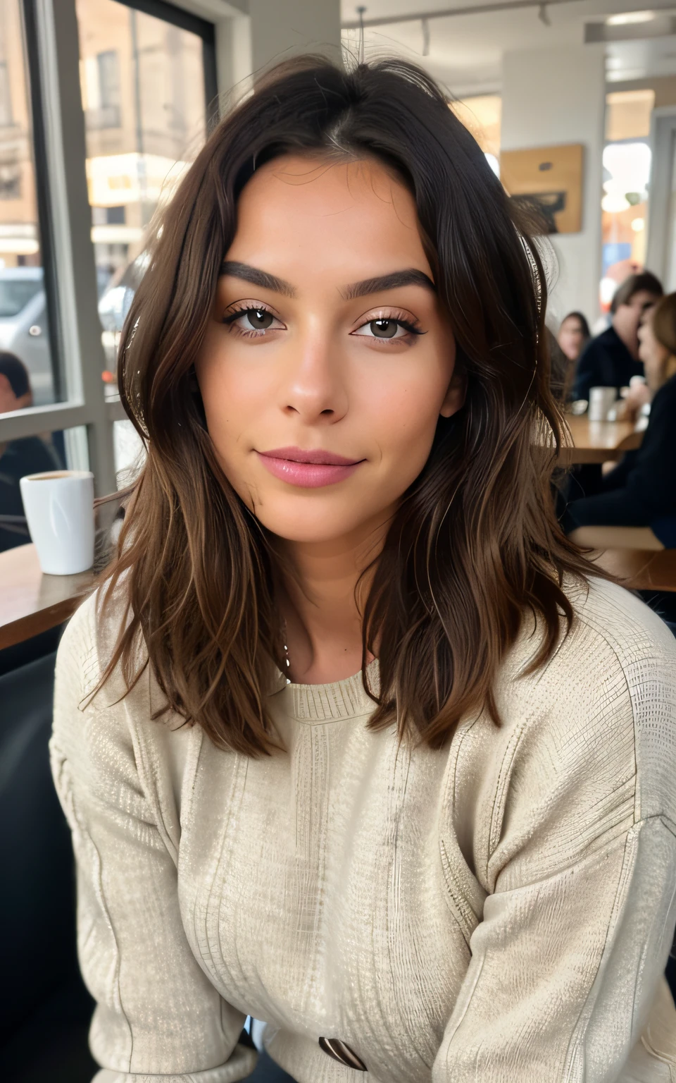 Beautiful Brazilian brunette with blonde highlights wearing a beige sweater (in a café drinking soda), Very detailed, 22 ans, visage innocent, natural wavy hair, yeux bleus, High resolution, Masterpiece, Best quality, intricate high detail, highly detailed, mise au point nette, detailed skin, realistic skin texture, texture, detailled eyes, professionnel, 4K, sourire charmant, filmed on Canon, 85 mm, faible profondeur de champ, Couleur Kodak Vision, perfect fit body, Extremely detailed, photographier_\(ultra\), photoreallistic, Realstic, Post-traitement, maximum details, roughness, real life, ultra realist, photorealism, photographie, 8K UHD, photographi