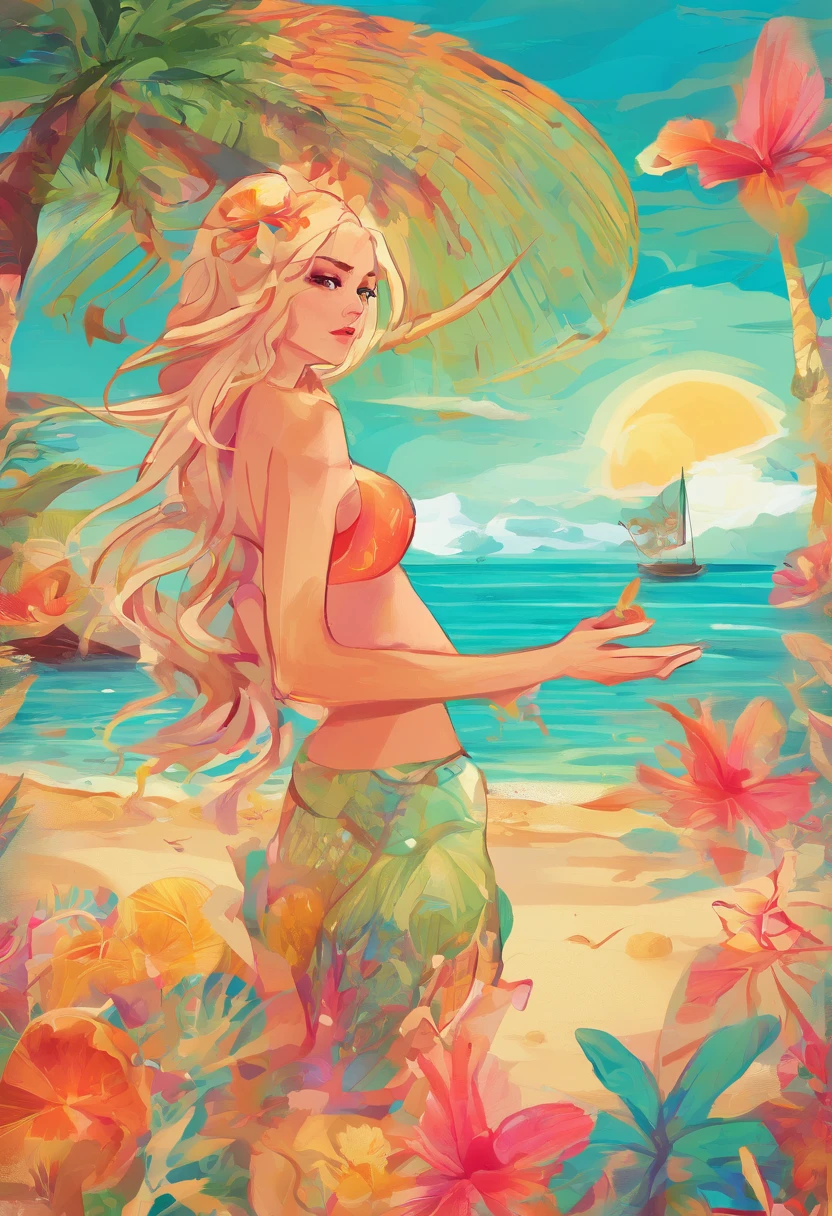 The prompt: sea, beach, island, sexy girl, beautiful detailed eyes, beautiful detailed lips, extremely detailed face, long eyelashes, sand, crystal-clear water, golden sunset, soft waves, gentle breeze, tropical paradise, vibrant colors, sun-kissed skin, bikini, relaxed and confident posture, alluring gaze, silky hair, palm trees, seashells, exotic flowers, playful atmosphere, the sound of seagulls, cocktail in hand, summer vibes, tranquil escape, blissful moment, picturesque view, high-res masterpiece:1.2, vivid colors, HDR, beach photography, warm and inviting lighting.