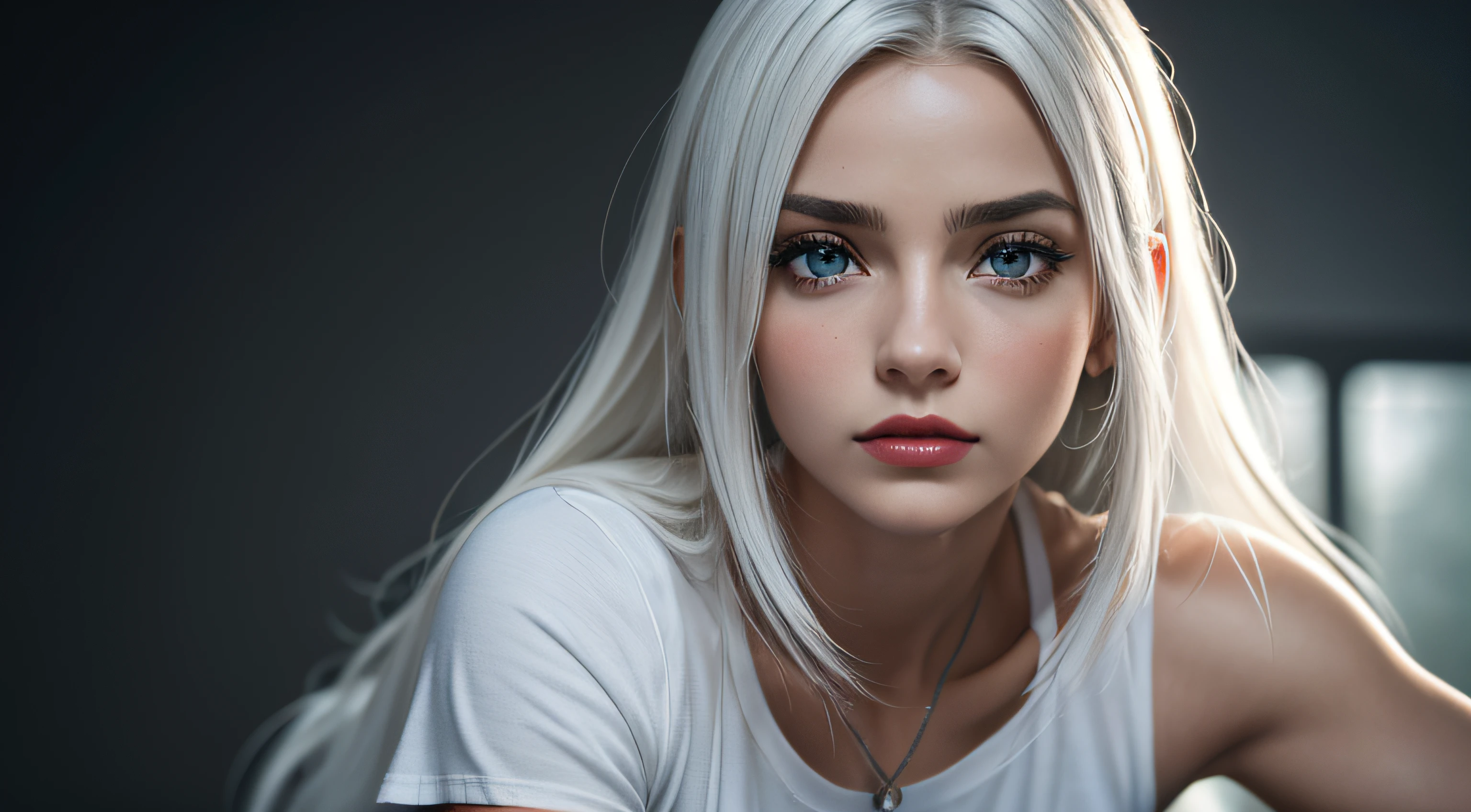 fotografiagrafia crua, ultra-detalhado fotografiarrealista, hiper-realista, anatomic, elegante, Estilo HR Giger, Estilo Joe Benitez, 8k, melhor qualidade, obra prima, extremamente delicado e lindo, extremamente detalhado, (realista, fotografiarrealista:1.37), incrivelmente absurdos, His posture is confident and determined, reflecting the courage and determination that make her such a captivating character. analogue style, Modelo estilo de tiro, Retrato RAW de 1girl, pele clara, white hair, cabelos brancos longos, skinny girl, slender girl, small breats, athletic, defined muscles, white cotton t-shirt, foco no rosto, ((beautiful face: 1.7, rosto perfeito:1.3)), (de cima:1.2), maquiagem escura sobre os olhos, red-lips, olhos realistas, olhos azuis, blue irises, a faint enigmatic smile, dedos realisticos, 5 dedos, melhor qualidade, epics (fotografia, Sony A7, 50 millimeters, Casais:1.5, cores, hiperdetalhado:1.5, filmic grain:1.4, hiper-realista: 1.5), textura realista hiper-realista, master part, Motor Unreal 5, extremamente detalhado CG unidade 8k papel de parede, Foto loucamente detalhada.