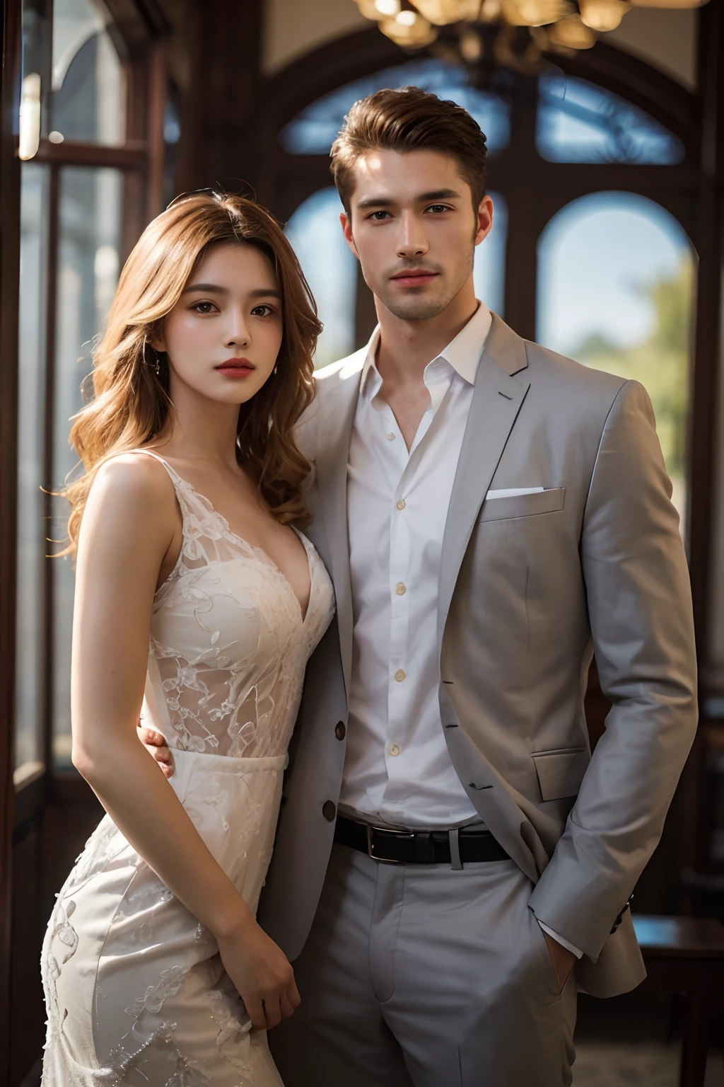 A man and girl，primitive, Masterpiece, ultra fine photos, Best quality, Ultra-high resolution, Realistic, Sunny, full-body portraits, Amazing man, Dynamic posture, exquisite face, Vibrant eyes,  Very detailed background, Detailed face, detailed tidy background, Gorgeous, High detail skin, Realistic skin details, Visible pores, Clear focus, volume fog, 8K  UHD, Digital SLR, High quality, filmgrain, Fair skin, Realism，（（（Handsome man and beautiful girl：1.4）））
