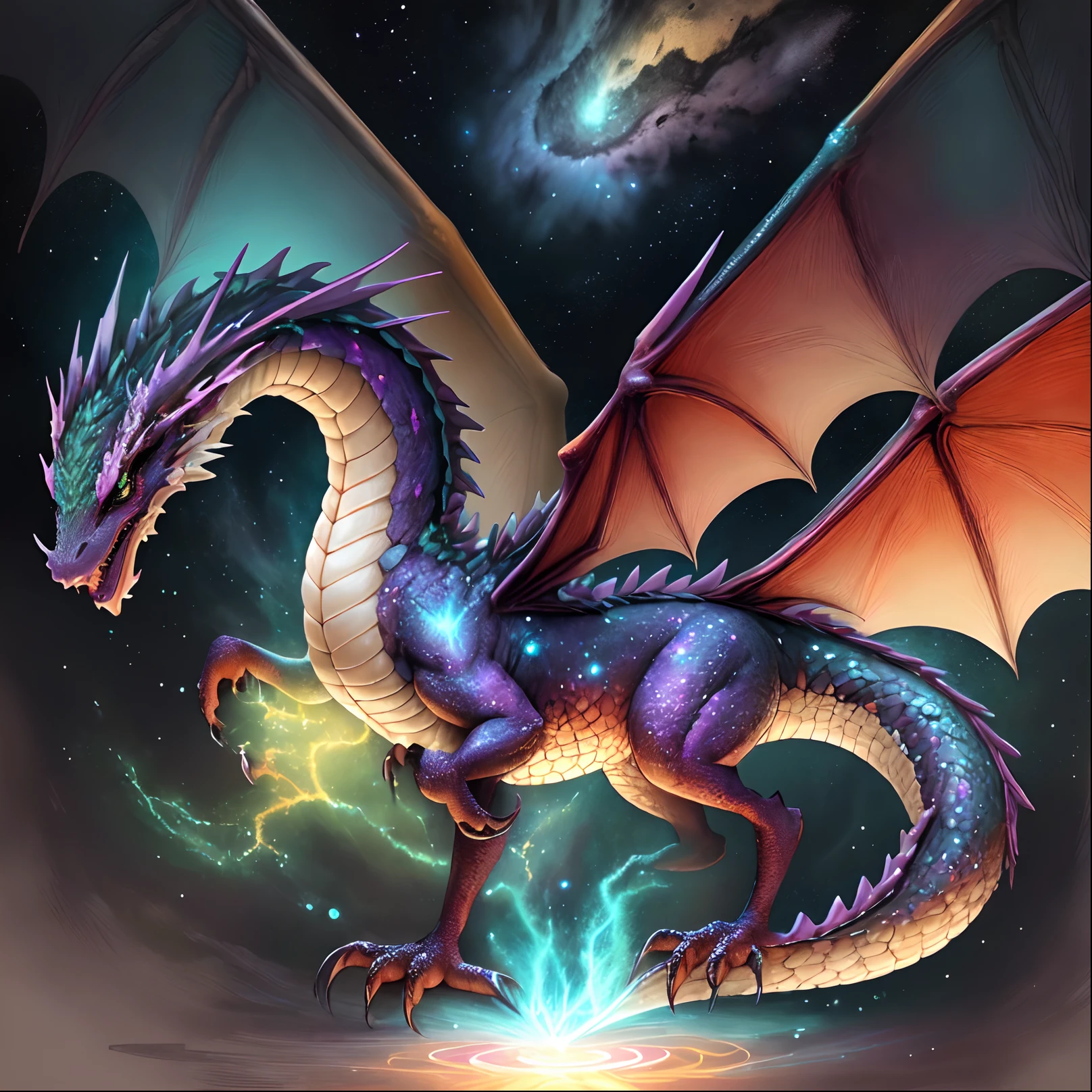 Hand drawn drawing of a beautiful nebula dragon with webbed wings, sparkling lights, symmetrical wings, Fantasy, Symmetrical dragon horns, Digital Art, (Best Quality)), intricately-detailed, DTstyle