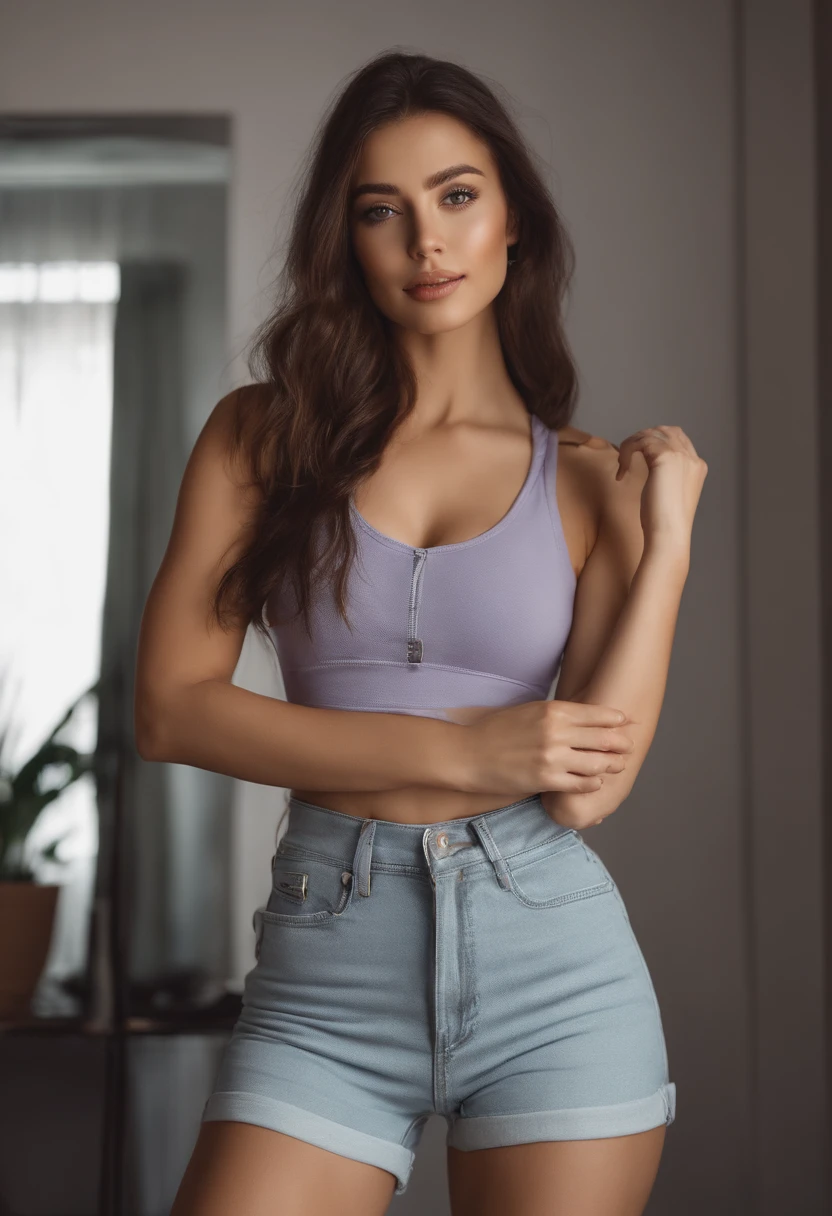 Arafed woman with matching tank top and panties, fille sexy aux yeux bruns, Portrait Sophie Mudd, cheveux bruns et grands yeux, selfie of a young woman, Yeux de chambre, Violet Myers, sans maquillage, maquillage naturel, looking straight at camera, Visage avec Artgram, Maquillage subtil, Superbe photo du corps entier, dans la chambre, clivage