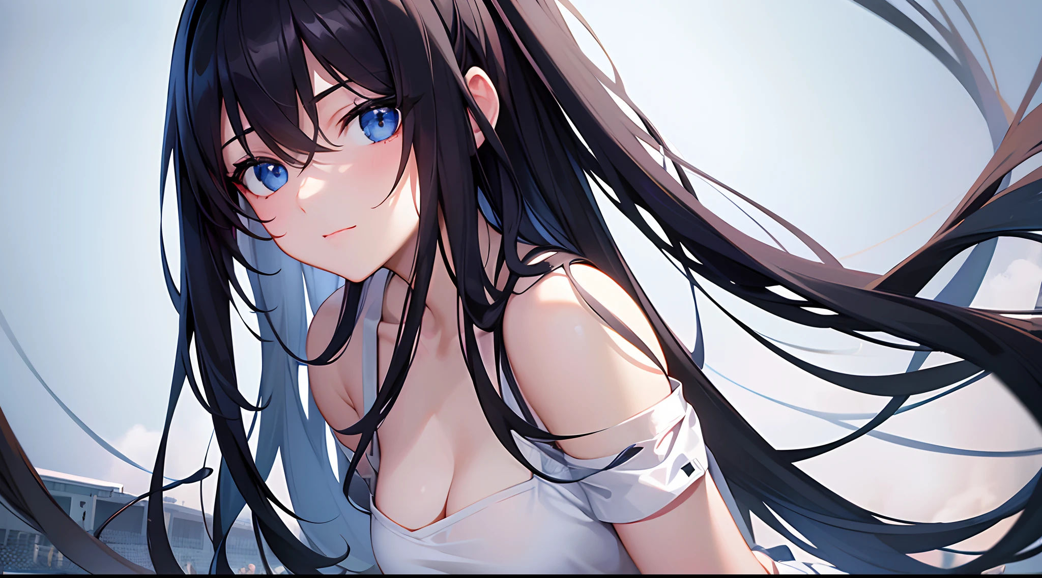 (masterpiece), best quality, expressive eyes, perfect face, 1girl, long black hair, tennis, blue eyes, background field, absurdres, high res, ultrasharp, 8K, masterpiece, looking at viewer, wearing white t-shirt, wearing white sort skirt, little smile