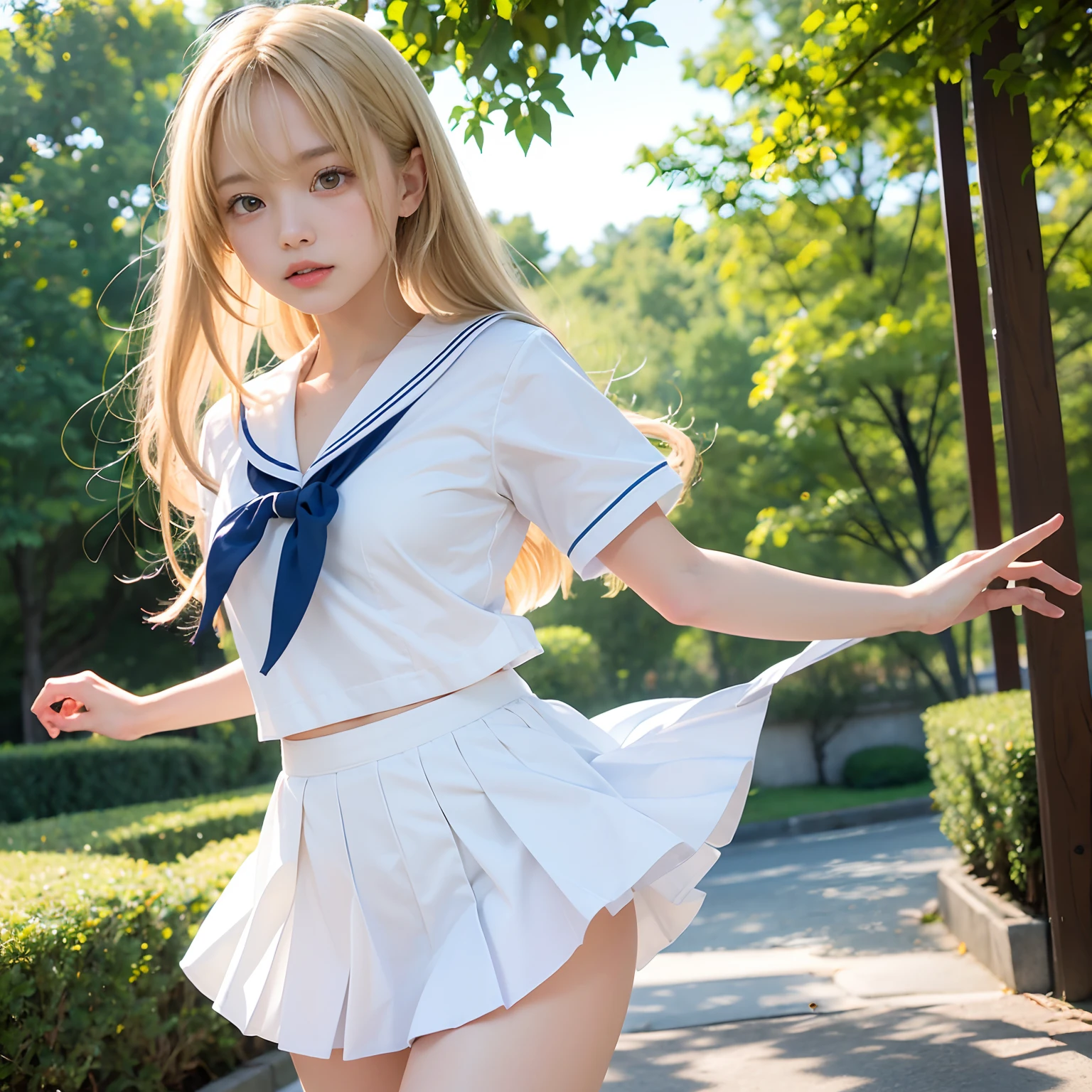(masutepiece, Best Quality:1.2), 8K, Official art, Raw photo,Photo from the front、High School Albums、Beautiful women、I'm jumping alone、White panties 、Full Bord Bill Four、cute butt、Cute girl s、Skirt flutters、skinny、14yearunbelievable Ridiculous, (Upper body, 校服、No sailor suit:1.4), Beautiful Girl, Pretty Face, arching back down,、a blond、Natural jumps、Sailor Suit, Short sleeve, violaceaess, Teen, Looking at Viewer, Film grain, chromatic abberation, Sharp Focus, face lights, Dynamic lighting, Cinematic lighting, Eyes and faces with detailed, Bokeh background,
