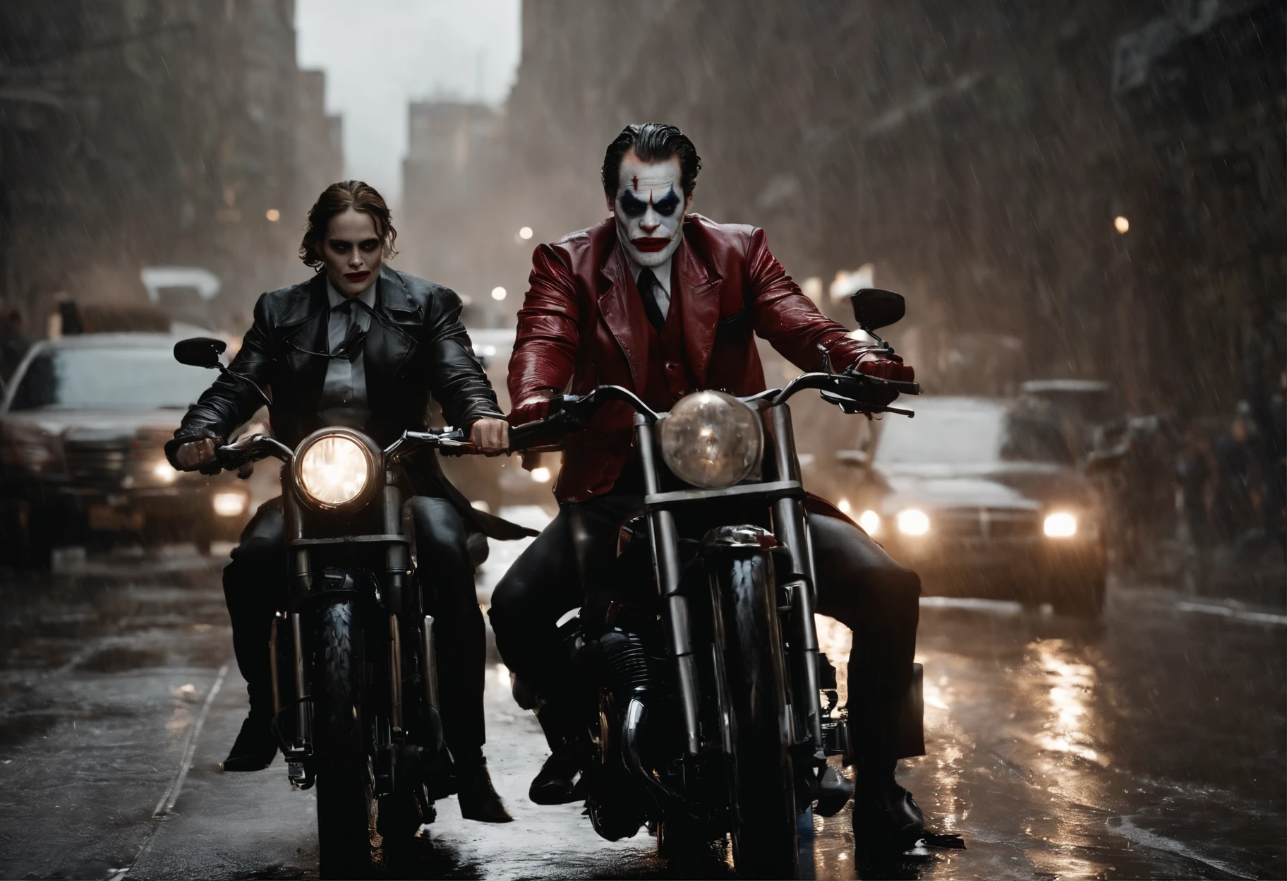 Joaquin phoenix in joker and harley quinn riding monster motorbikes, joker paint on the face, joker style, harley quinn suit, rain day, wet, action moment, dramatic couple hotography, arkham city, detailed face and eyes, perfect anatomy, perfect finger, motion blur, lots of detail, higly detailed, cinematic night lighting, movie scenes, trending movie color style, realistic photography, ultra realistic, masterpiece, dynamic composition, dynamic shot, very wide view, nvidia rtx
