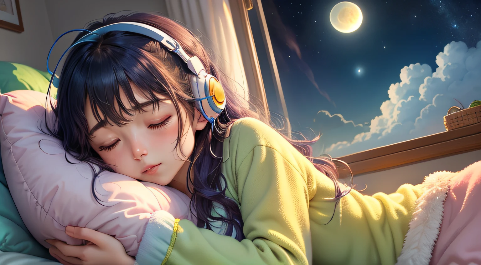 colorful、on clouds、kosmos、night, Big Moon in window、realistic、The girl is sleeping wearing green pajamas、She wears delicate headphones that blend into her hair, Only one stuffed animal、closed eyes, hugging pillow、超A high resolution