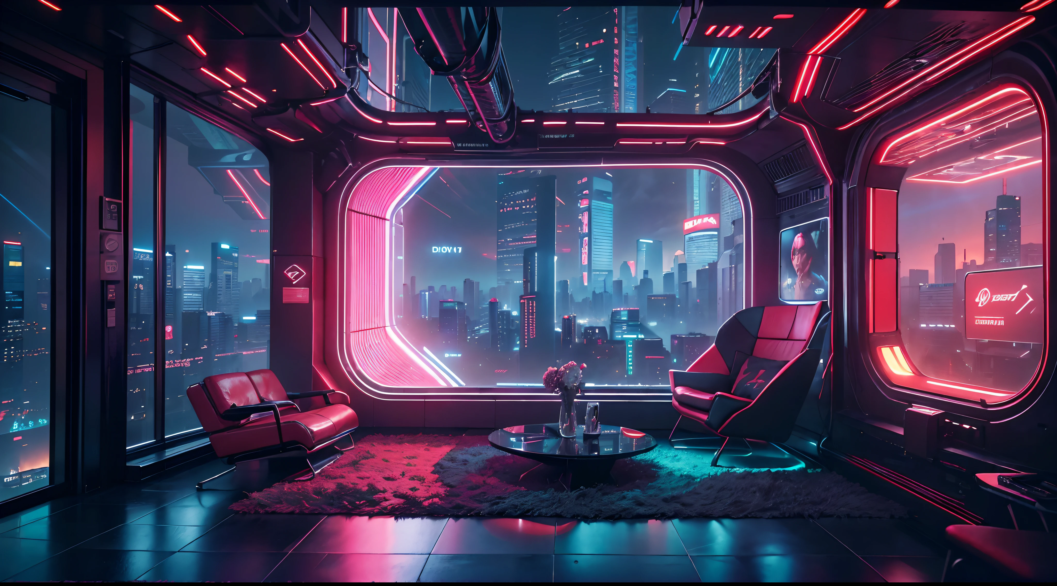 Best image quality, Masterpiece, Ultra-high resolution, (Fidelity:1.4), Photo, Dim, Darkness, Movie, ((Cyberpunk)), cyber outfit, Futuristic, ((Award-winning ultra-realistic photos)),((tmasterpiece)),(hyper-detailing),(Complicated details),(High resolution CGI artwork 8k),A futuristic cyberpunk living room。Large windows for balcony floor-to-ceiling windows,Busy and colorful、Detailed cyberpunk cityscape。Futuristic style,There are many colors and LED lights。The cityscape should be very detailed,depth of fields。Create depth with atmospheric lighting,Evoke the feeling of a busy futuristic city outside the window。cameras:Wide-angle lens showing rooms and windows。The window should be the focal point of the image。illuminating:Use atmospheric and volumetric lighting to enhance cityscape detail。The room should be illuminated by the neon lights of the cityscape, Pastel textured colored background, Colourful, vibrant,
