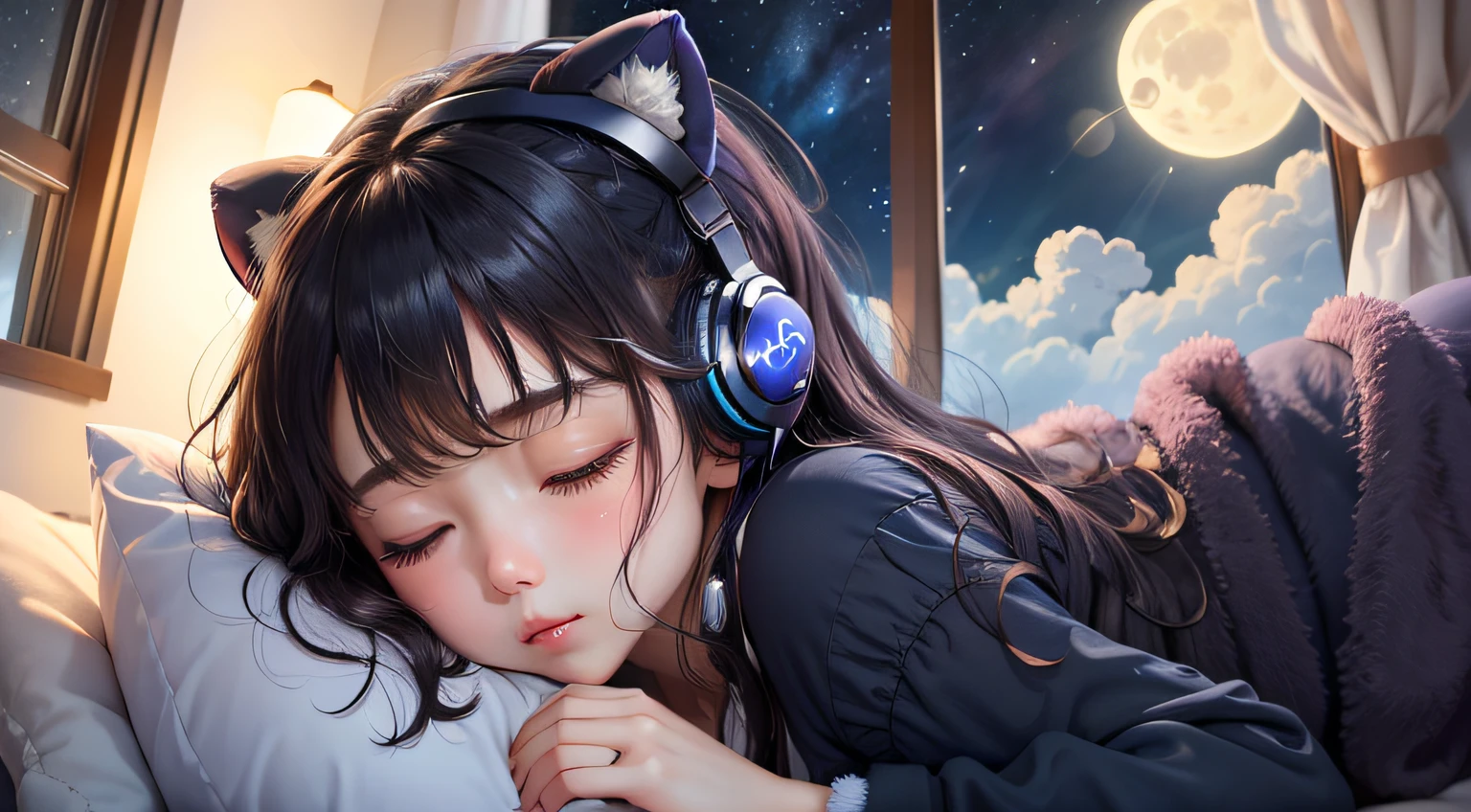 colorful、on clouds、kosmos、night, Big Moon in window、realistic、The girl is sleeping wearing black pajamas、She wears delicate headphones that blend into her hair, Only one stuffed animal、closed eyes, hugging pillow、超A high resolution