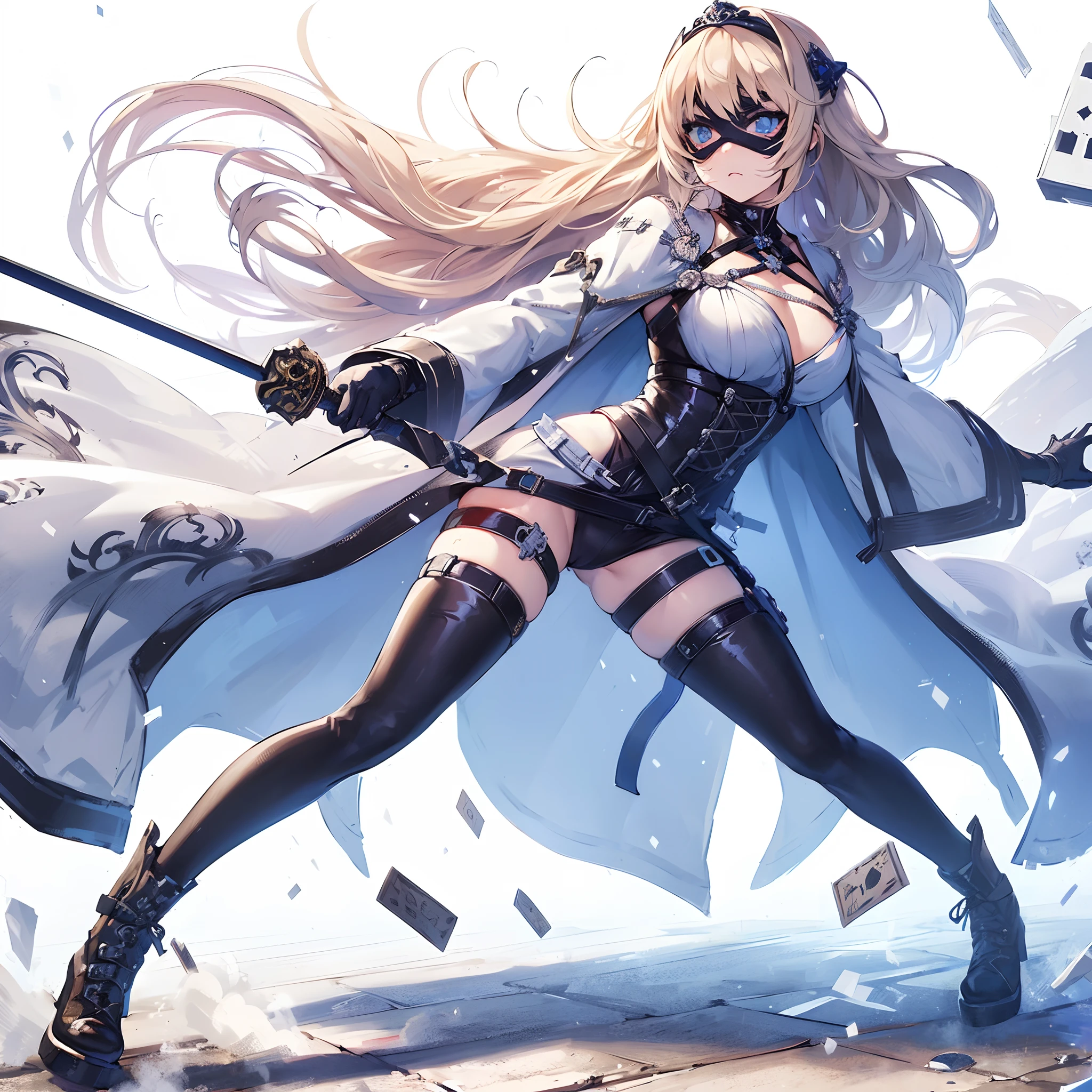(masutepiece, Best Quality), (Perfect athlete body:1.2), (detailed hairs), Ultra-detailed, Anime style, Full body, Blue Eyed Blonde Girl, Gorgeous clothes, Rapier, Wear a black eye mask, The mouth is exposed, Strange thieves, Standing in the wasteland, Wearing long boots, Digital Painting, 8K High Resolution, Whole body, White background