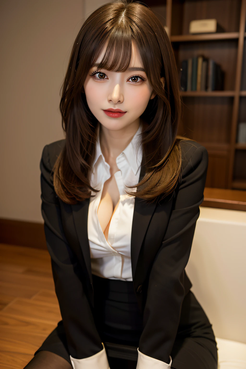 1girl in, Solo, pantyhose, Brown hair, Squatting, Brown eyes, Skirt, Looking at Viewer, pencil skirts, Office Lady, Jacket, Indoors, Long hair, Shirt, Bangs, Black jacket, blush, White shirt, Black skirt, hair between eye, Long sleeves, hands on own face, Parted lips, tiny chest, Brown pantyhose, Suit, Large breasts, cleavage, Formal, Smile, Black pantyhose, Open mouth, hands on own cheeks, a beauty girl ,in 8K, 超A high resolution,Raw photo, (masutepiece:1.2), (Best Quality:1.2), Realistic, Photorealsitic, Sharp Focus,Professional