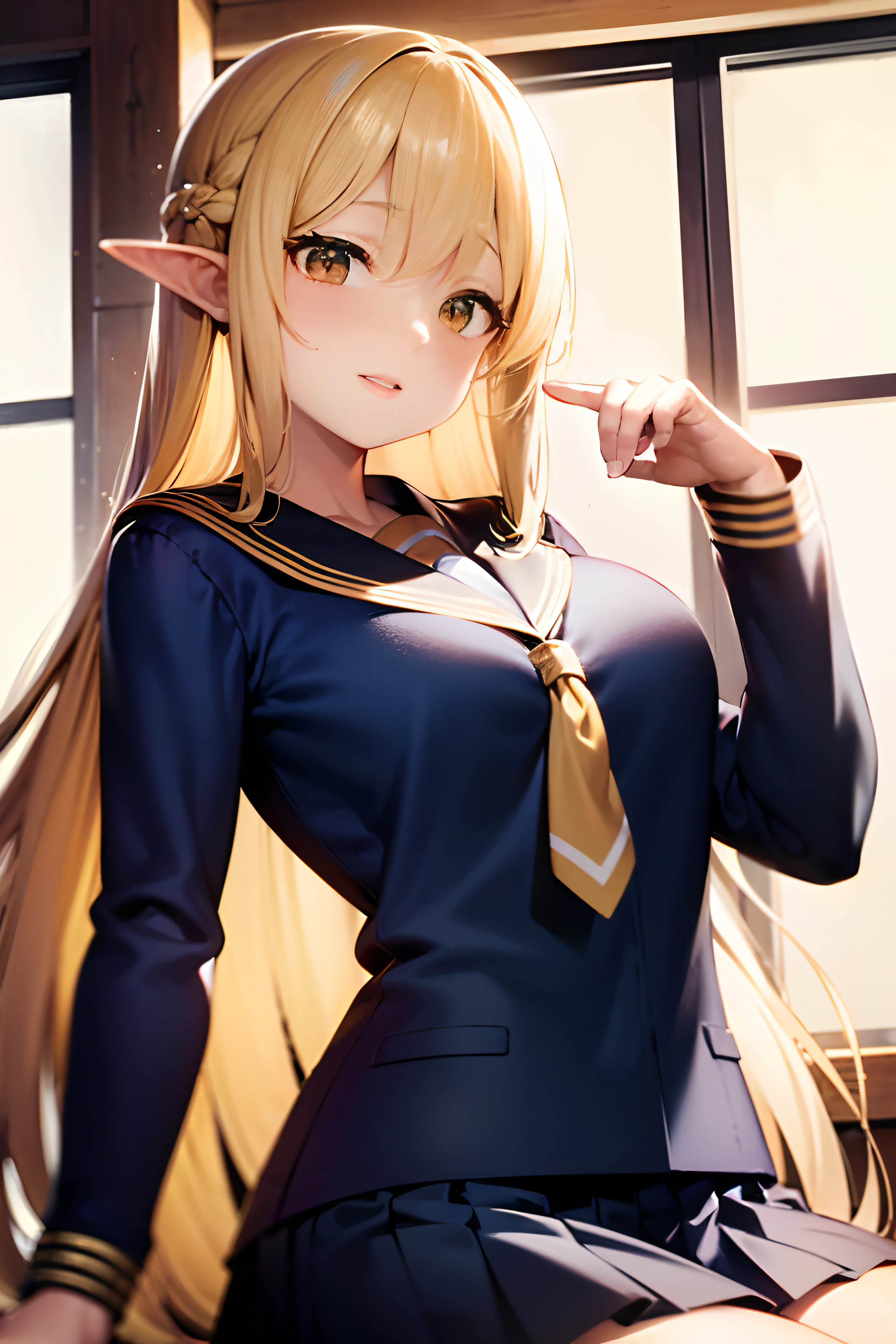 hi-school girl, ((Kyoto Animation Style)), Beautiful illustration,top-quality, Anatomically correct body, very detailed face and eyes, ((Kyoto Animation Style)), super precision, masterpiece, very extremely beautiful, Princess Face, 1girll, ((Cute:1.5)), Solo, Faint lips, Professional Lighting, (20yr old), Narrow waist, Shiny skin, Oiled skin, glistning skin, cowboy shot, Looking at Viewer, Dynamic Pose, ((high-school uniform)), ((Navy blue sailor suit:1.5)), ((Dark blue pleated skirt:1.5)), red necktie, BREAK, plein air, ((a blond:1.5)), ((Very long hair:1.5)), Straight hair, ((Golden Eyes:1.5)), lowfers, Elven ears, Latex, A smile, Schools, Classroom, sitting on, brightly lit room, from the front side, half-opened mouth,