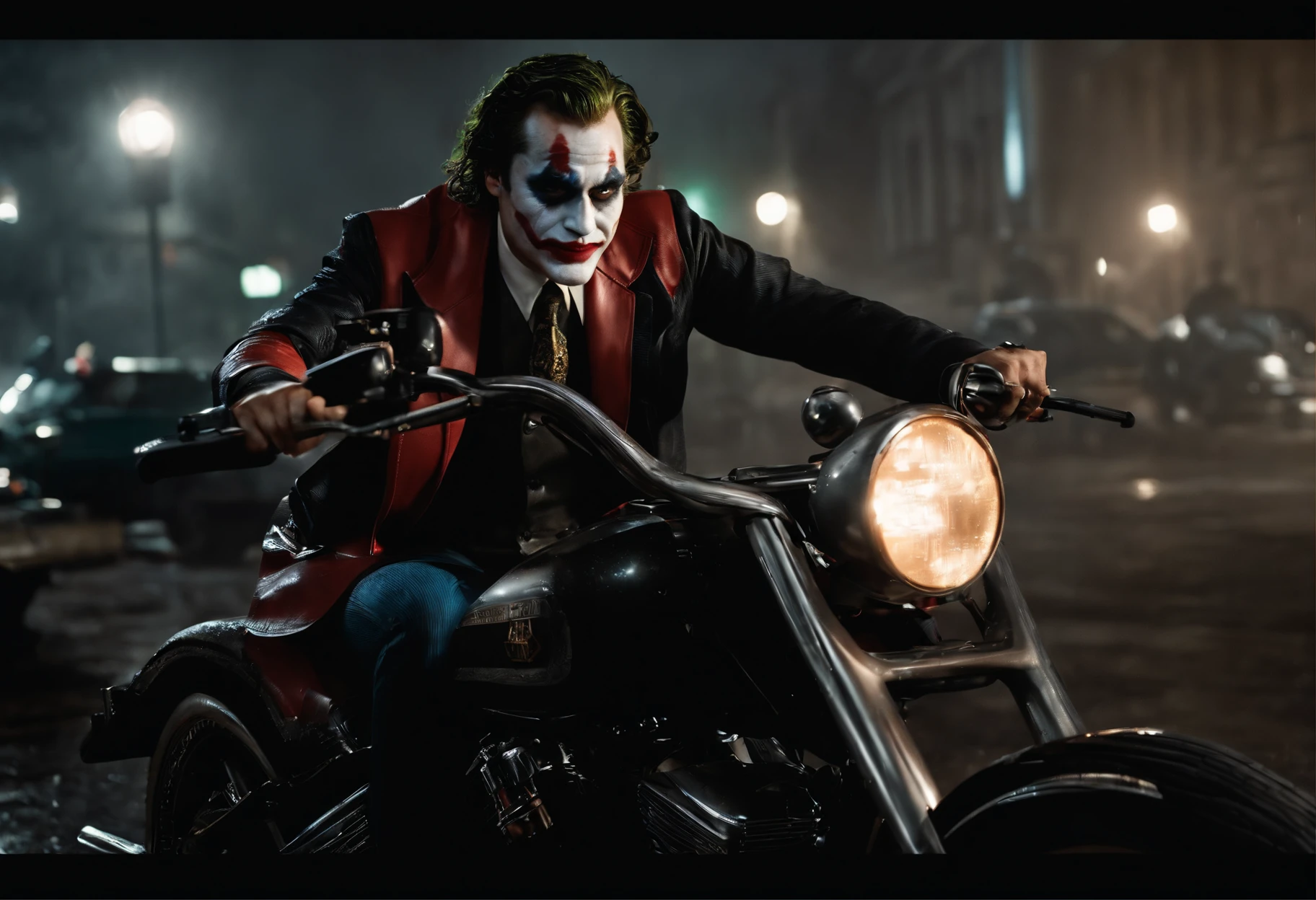 Joaquin phoenix in joker and harley quinn riding monster motorbikes, joker paint on the face, joker style, harley quinn suit, rain day, wet, action moment, dramatic couple hotography, arkham city, detailed face and eyes, perfect anatomy, perfect finger, motion blur, lots of detail, higly detailed, cinematic night lighting, movie scenes, trending movie color style, realistic photography, ultra realistic, masterpiece, dynamic composition, dynamic shot, very wide view, nvidia rtx