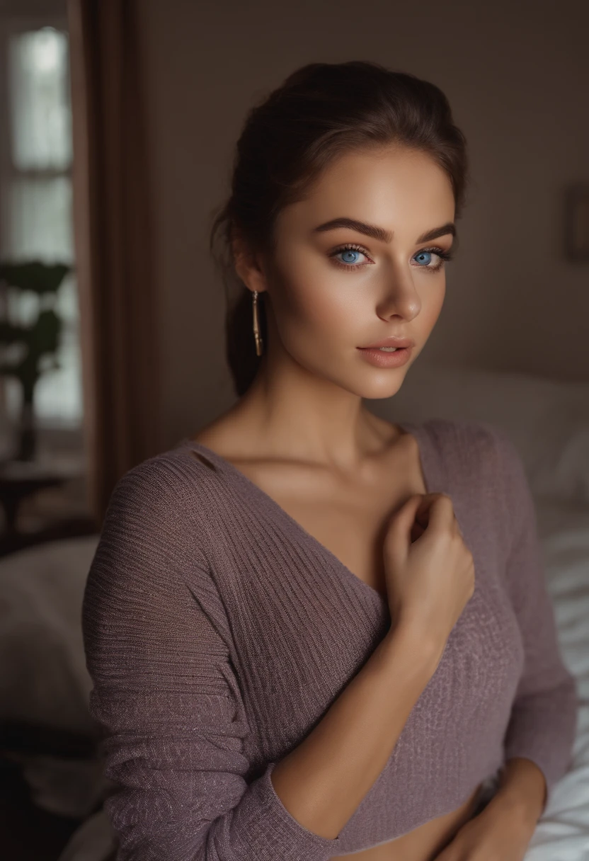 woman girl with blue eyes, portrait sophie mudd, brown hair and large eyes, selfie of a young woman, bedroom eyes, violet myers, without makeup, natural makeup, looking directly at the camera, face with artgram, subtle makeup, stunning full body shot, in bedroom, cleavage