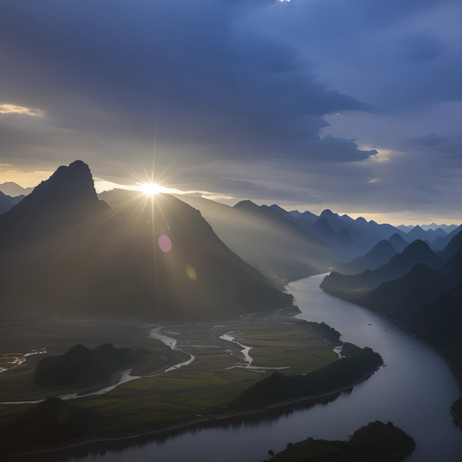 Beautiful view of the rivers and mountains，and the sun was shining brightly, cinematic morning light, dramatic morning light, Breathtaking landscapes, hard morning light, Incredibly beautiful, Stunning scenery, Chinese landscape, morningglow, dramatic mountains in background, karst landscape, morning dramatic cinematic light, shot from drone, the morning sun, sun rises between two mountains, dramatic warm morning light