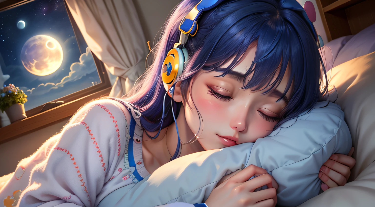colorful、on clouds、kosmos、night, Big Moon in window、realistic、The girl is sleeping wearing blue pajamas、She wears delicate headphones that blend into her hair, Only one stuffed animal、closed eyes, hugging pillow、超A high resolution