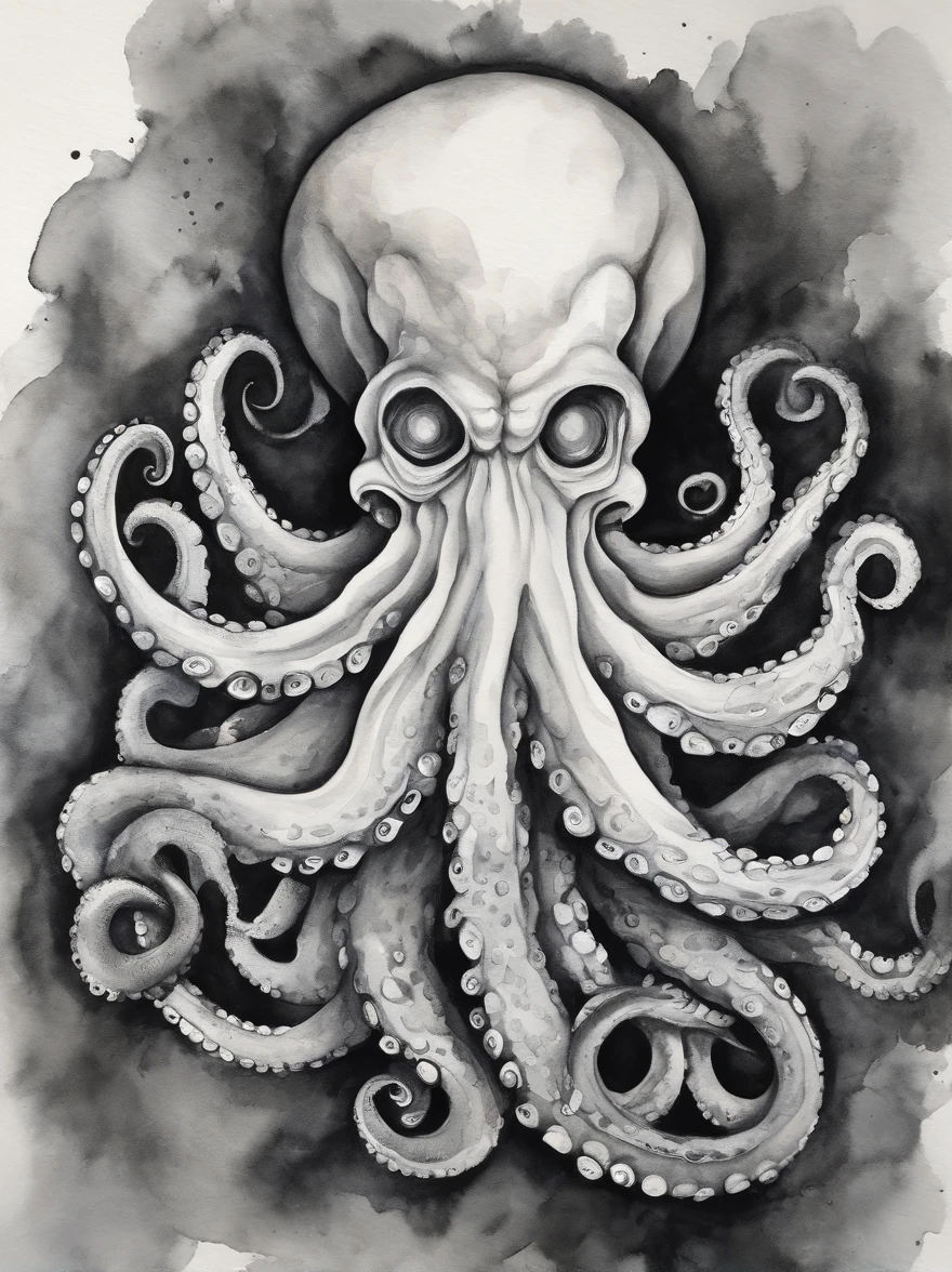Abstract octopus smoke，（Abstract），smoke explosion，Smoke surrounds，Nuclear contamination，fuzzy，white backgrounid，Black and white gray