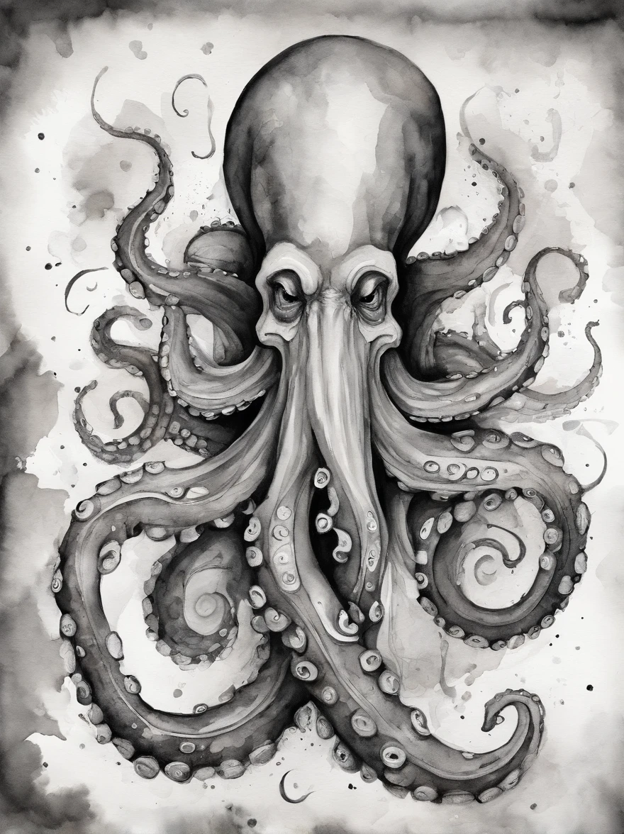 A black and white drawing of an octopus with tentacles, Mix of tentacled creatures, anthropomorphic pulp, highly detailed ink illustration, Cthulhu Squid, octopus tentacles, cephalopods, detailed digital ink drawing, Lovecraftian sea creature, many tentacles, tentacles, dust, ornate tentacles growing around, 