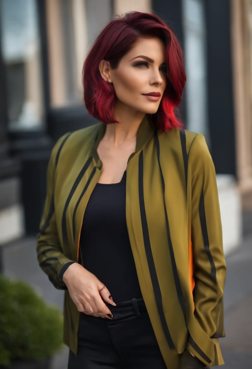 A short bob that looks good on a woman who wears a big jacket setup with a modal stripe pattern