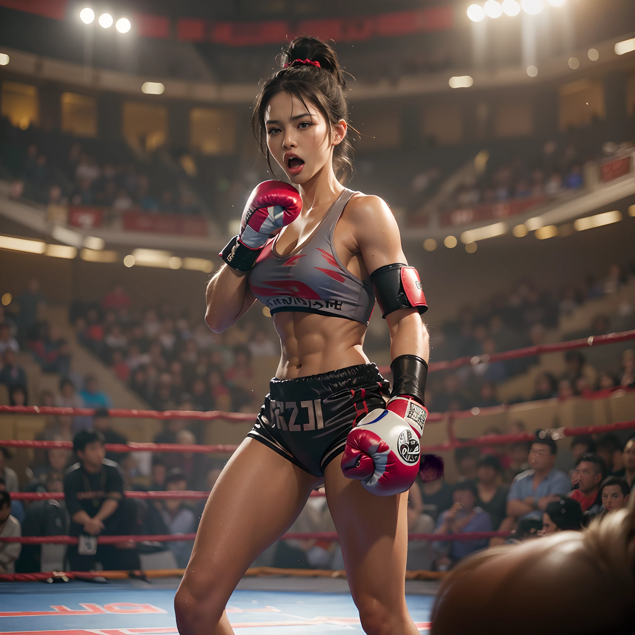 8k, best quality, masterpiece, realistic, real person, Unity 8k wallpaper, (1 girl) , Beautiful eyes, (Delicate face) , Perfect detail, (best lighting) , (super complex details) , (boxing girl) , (sexy), sweat, heavy breathing, ((screaming with big mouth open))))(oppressive aggression) , (boxing ring), athletic shorts, perfect detail, perfect fingers, perfect limbs, impact, (shiny skin), abs, muscles, big tits, waistline,boxing shorts, fist fight, black hair, high ponytail, very long hair, 4k unified, (super detail cg: 1.2), (8k: 1.2), realistic, octane rendering, (((martial arts tournament at the Greek Colosseum))), sunshine strong, audience seats are super full