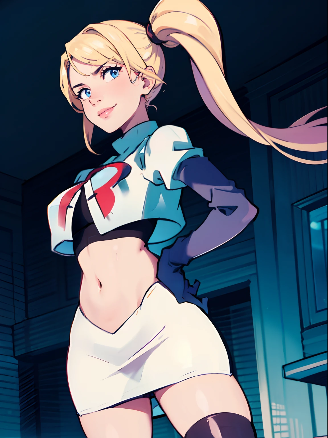 face of samus aran, ponytail hair, 1girl,team rocket,team rocket uniform, red letter R, white skirt,white crop top,black thigh-highs,black elbow gloves, evil smile, arms crossed