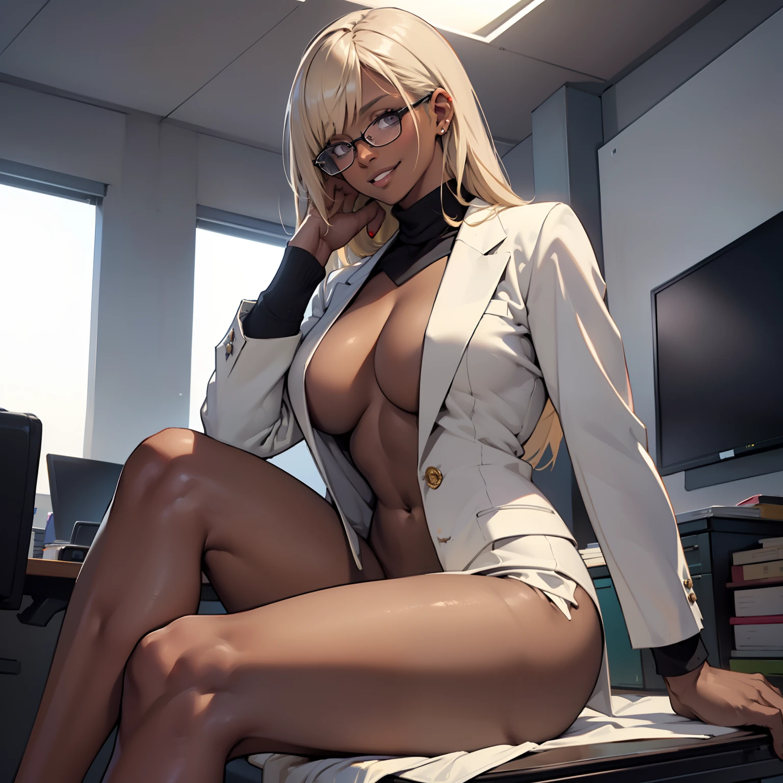 ((Masterpiece, Best)), (1girll), (Mature woman), Light hair, ((dark skin)), flared, (Office Lady), bangs, Big breasts, Glasses lady, (full), Slim, Smile, [Wide hips], Office, sitting,  8K picture quality, Sexy seduction, (((naked suit))),(((Completely naked))),dark puffy nipple