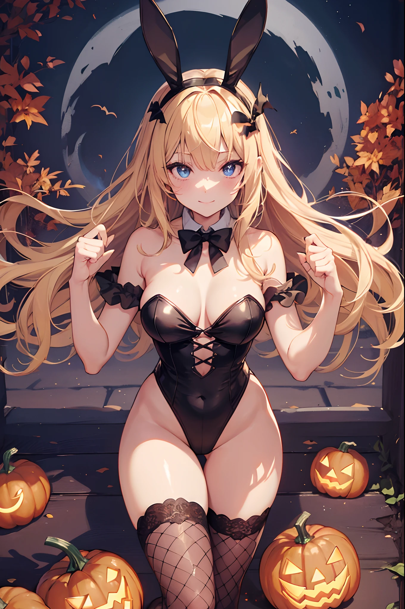 (Official art、Best Quality、Unity 8k Wallpapers、32K、masterpiece、ultra-detailliert、超A high resolution、realisitic、Photorealsitic:1.2)、(Cinematic lighting:1.2)、Fireglow effect、film grains、Best Shadows、(Ultra-detailed and complex 3D rendering)、Detailed beautiful face and eyes、A slender、Medium bust、(Full body:1.2)、 Highly detailed background、(super detailed skin、detailed skin textures:1.3)、(Close-up of a group of carved pumpkins in the park, jack-o-lanterns, Pumpkin glowing under the tree, Halloween atmosphere, Halloween Scene, jack - o'- lantern, pumpkins, Evil spirits walk around with lanterns, halloween celebration, Halloween, Spooky and scary atmosphere, halloween theme, Halloween Decorations, halloween night, shutterstock, trick or treat, edited)、shinny skin, 20-year-old beauty、Beautiful wavy platinum blonde hair、 Blue eyes、beauitful face、Playboy Bunny Girl、High-cut leotards、a bow tie、Cuffs、Wearing fishnet stockings、Black rabbit ears、with a rabbit tail on the buttocks,,,,、Smiling smile、Holding a haunted pumpkin in both hands