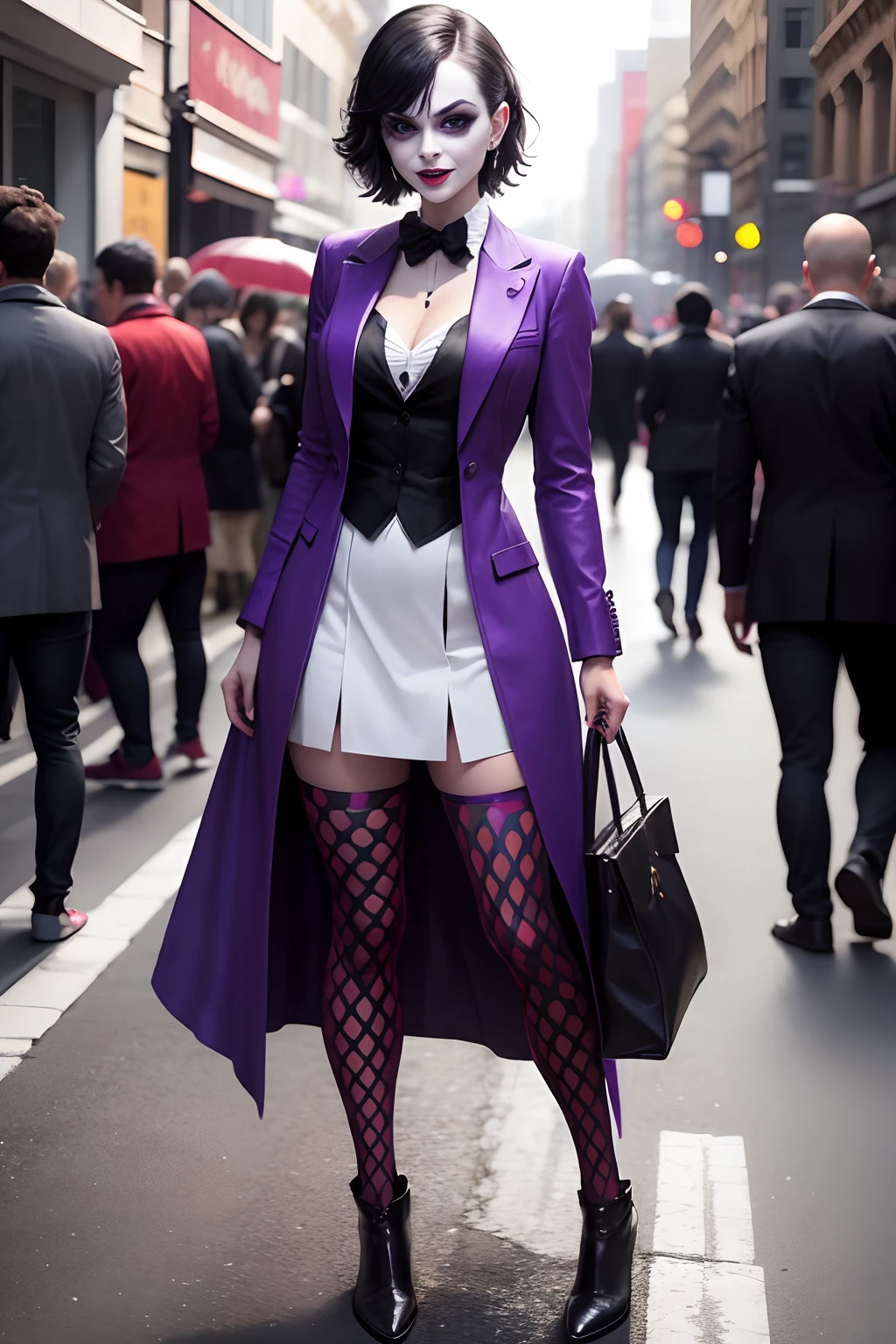 Joker dressed as a young woman, full body shot, on the crowded street, giga_busty