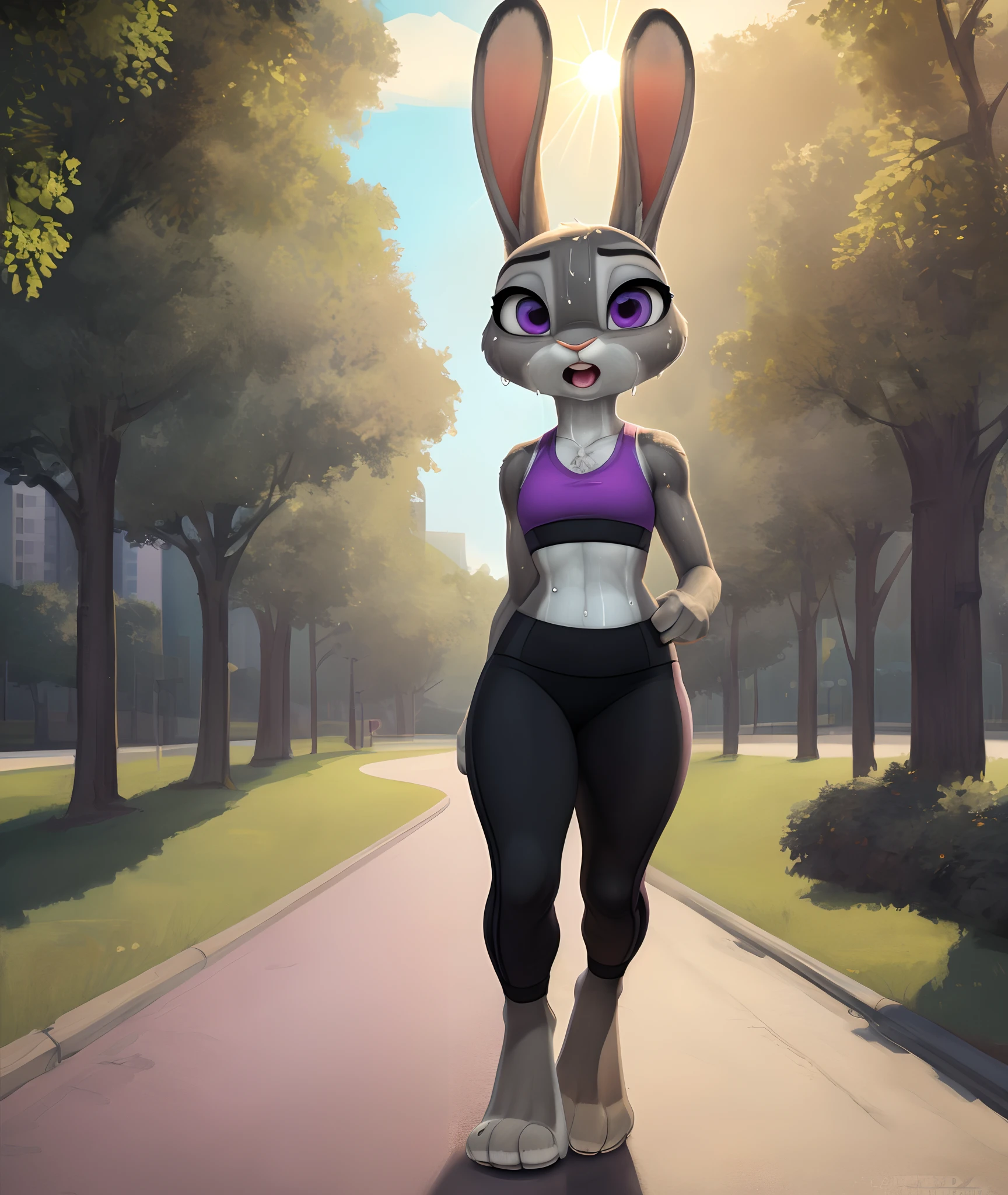 [JudyHopps], [Uploaded to e621.net; (Pixelsketcher), (wamudraws), (siroc)], ((masterpiece)), ((HD)), ((hogh wuality)), ((solo portrait)), ((front view)), ((full body)), ((feet visible)), ((detailed shading)), ((cel shading)), ((intricate details)), ((furry; anthro)), ((detailed fur)), ((beautiful render art)), {anthro rabbit; grey fur, black nose, rabbit ears, cute purple eyes, (sweat on face), (expressionless), (mouth open)}, {(light purple sports bra), (black spandex yoga pants), (beautiful feet)}, {(jogging), (looking at viewer)}, [background; (park), (sidewalk), (sunrise), (bright sun), (green trees), (sun rays through trees)]