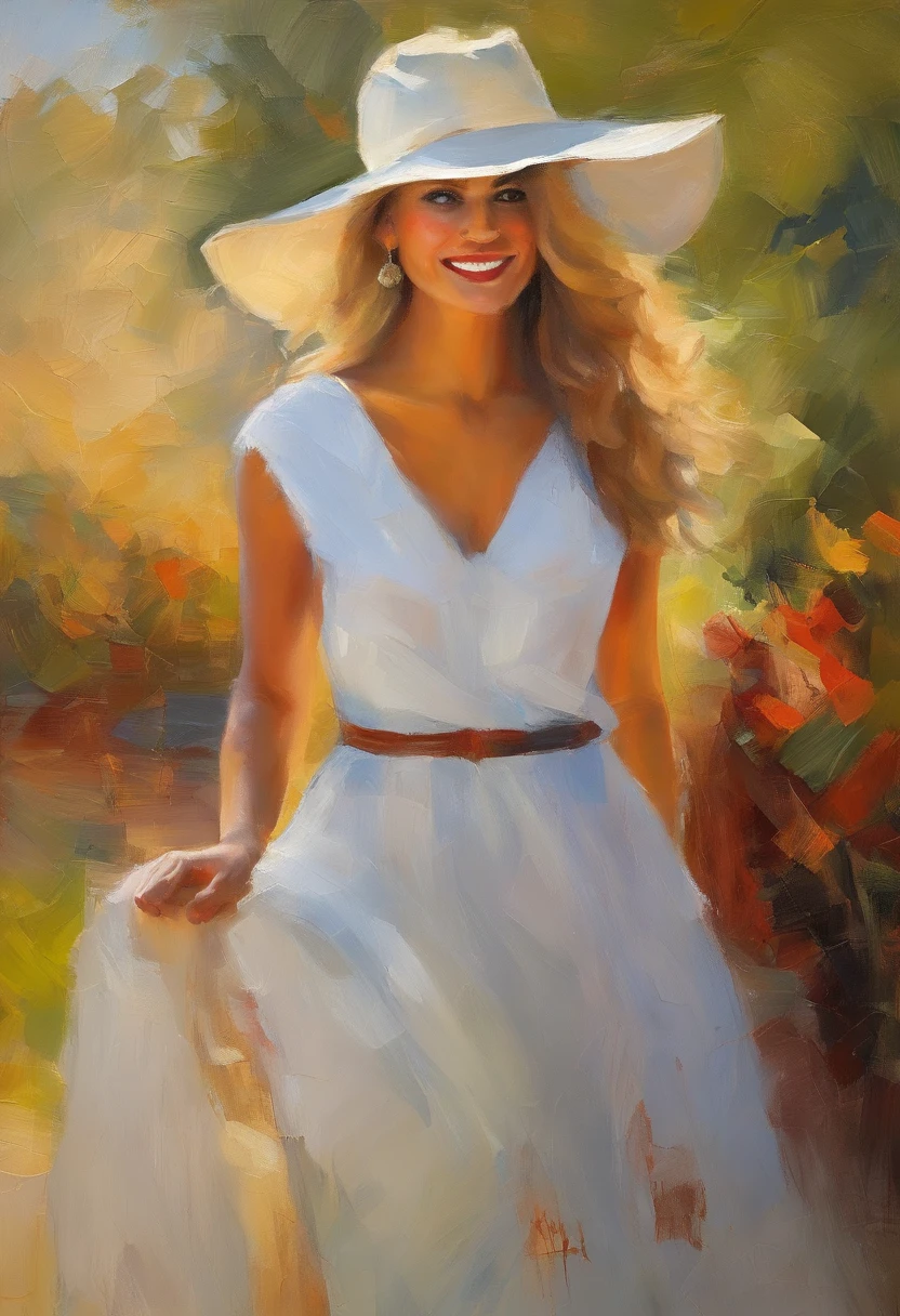Female portrait, very beautiful woman, long blond hair, smiling eyes, looking right at the point of view, low cut white dress, red hat, acrylic painting, bold and expressive brushwork, impressionistic style, detailed face, epic background, expert lighting and shadows, fine art painting, Junyi Liu.