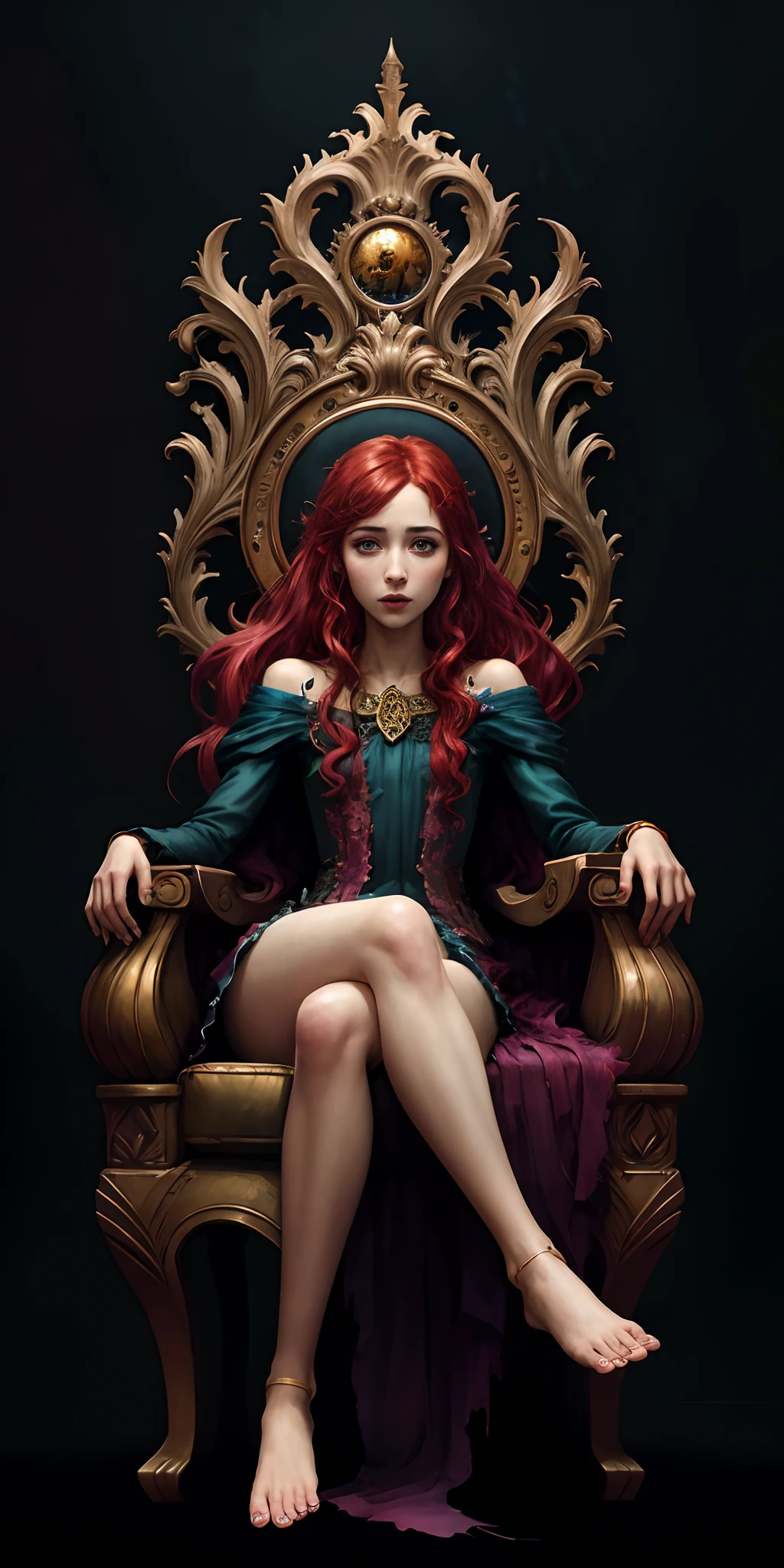 Emily Rudd is a vampire queen, redhead, sitting in a throne, pale skin, messy hair, Full body, Beautiful anime waifu style girl,hyperdetailed painting, luminism, art by Carne Griffiths and Wadim Kashin concept art, dark background, abstract beauty, approaching perfection, pure form, golden ratio, minimalistic, dark atmosphere, unfinished, concept art, by Brian Froud and Carne Griffiths and Wadim Kashin and John William Waterhouse, intricate details, 8k post production, high resolution, hyperdetailed, trending on artstation, sharp focus, studio photo, intricate details, highly detailed, by greg rutkowski