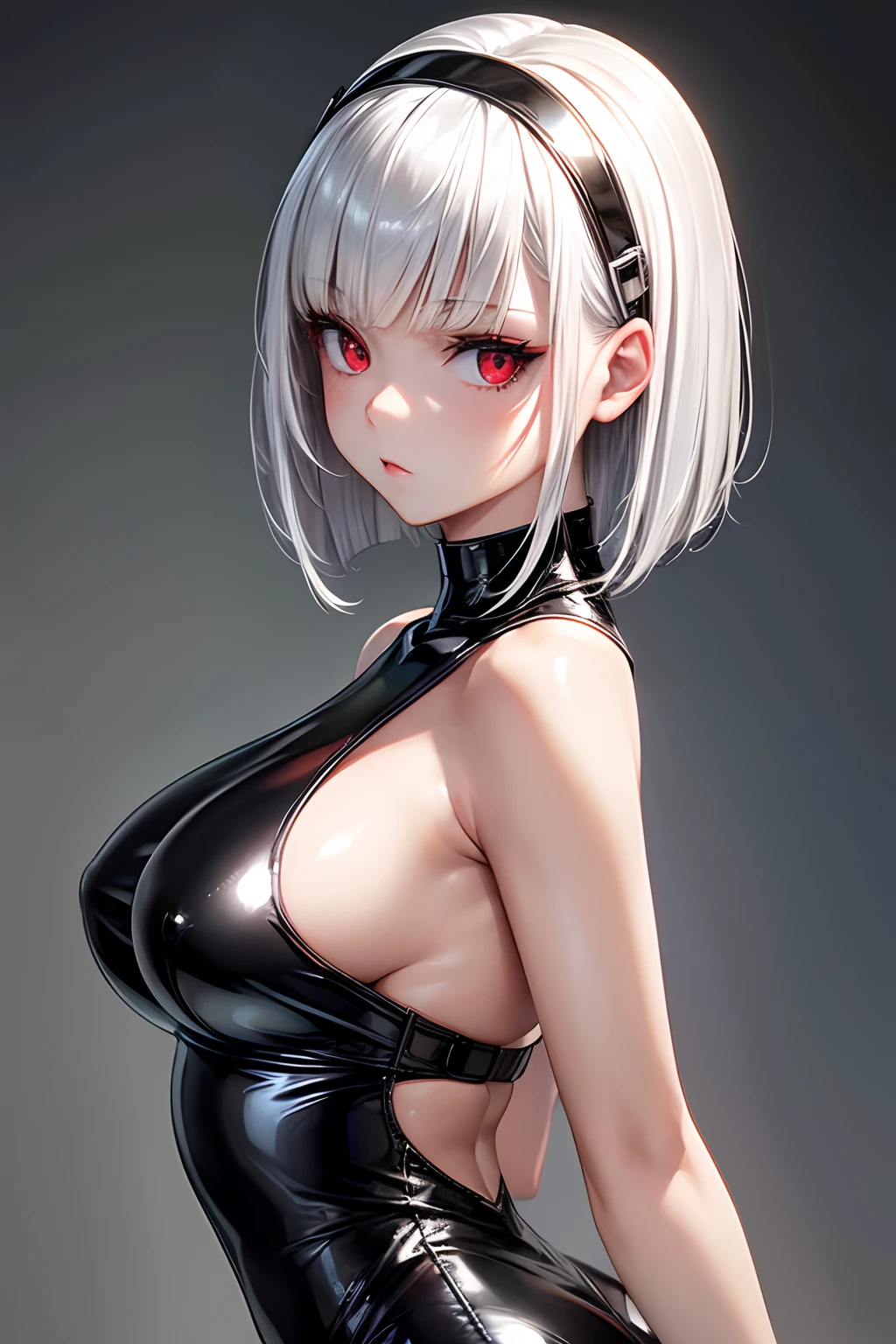 masterpiece,Best Quality,Highly detailed,1girl,Metallic White Silver tanktop,latex,Black Hair Bob,Red Eyes,