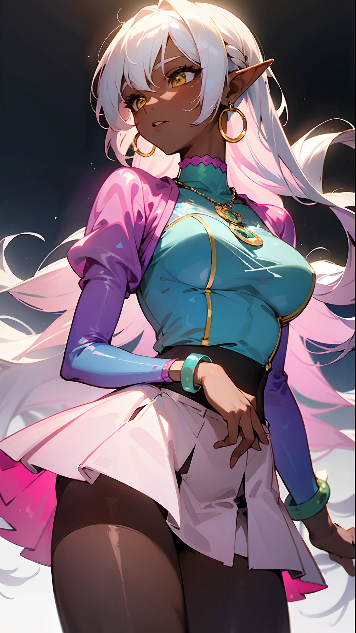 (masterpiece, best quality )detailed, 1Character ,  pastel washed out colors , cell shade , soft, muted shades ,gentle colors , blue archive art style,

She wears a form-fitting, sequined, and cropped top in a dazzling shade of holographic pink, The top features a high neckline and long, sheer sleeves adorned with intricate beadwork and sequins, high-waisted, flared mini skirt in a matching holographic pink material, The skirt is adorned with layers of translucent tulle, oversized hoop earrings, a collection of colorful bracelets, and a choker with a microphone pendant, 

Beautiful woman, ((dark skin )) , white hair , elf ears , yellow eyes , large chest . Age 25