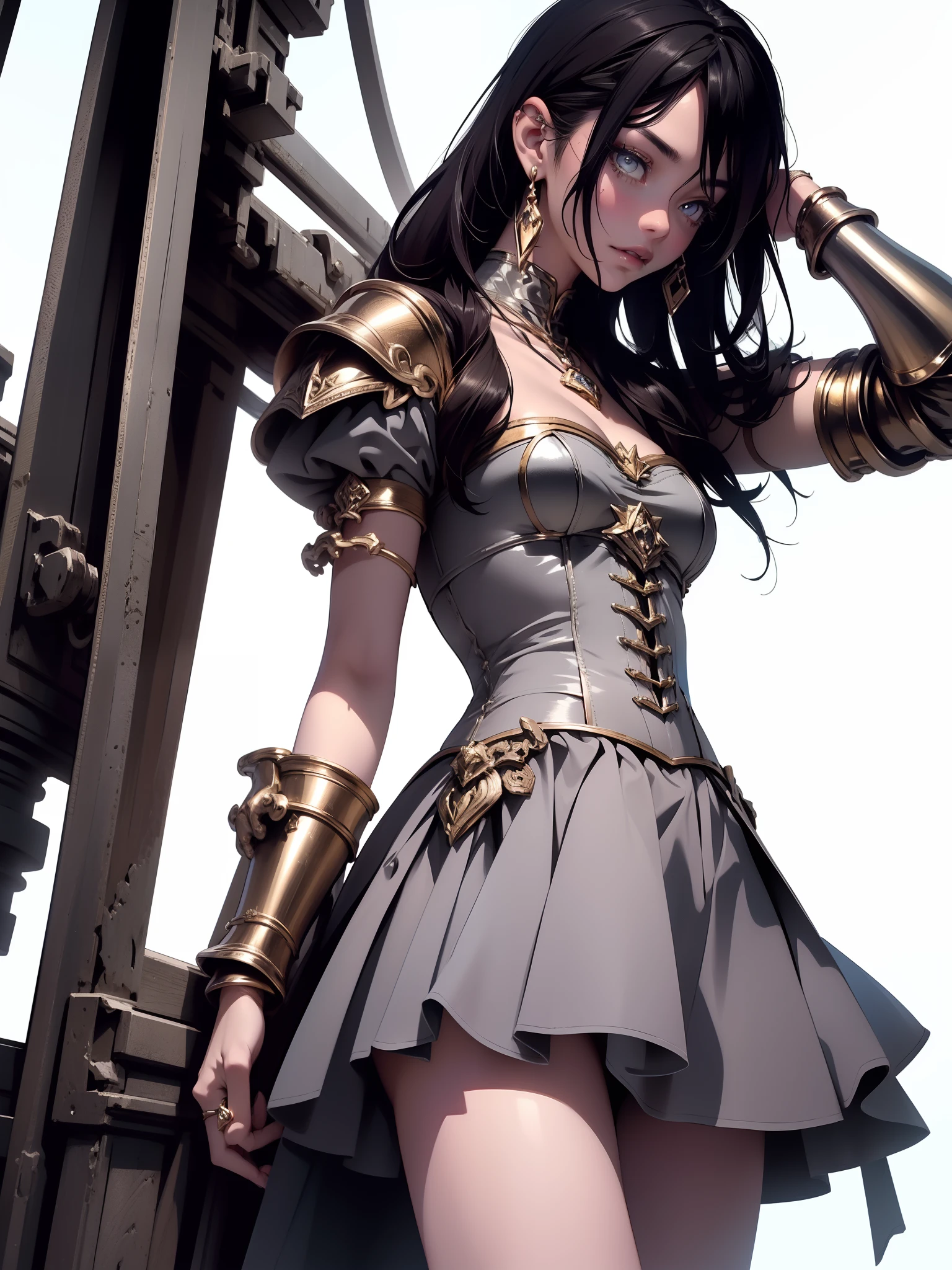 Cute girl in fantastic surroundings, with detailed armor and weapons, Rendered in high resolution with realistic textures, number of floors and lighting, makeup, mascara, The lips are soft or colored, plain black background, minimalism, monotonous, Simple color palettes, puro, Clear design, Flowing silhouettes, skirts, skirts, Simple dresses, Sbikini, asymmetric, geometric, Elegant and luxurious materials and design, simple, Minimum accessories, Necklaces and thin rings made of silver or gold, Simple bracelets, Distinctive design, Simple silhouettes, Simple and sophisticated style, elegance, minimalism, High-quality materials, haute couture, Simplicity and sophistication,