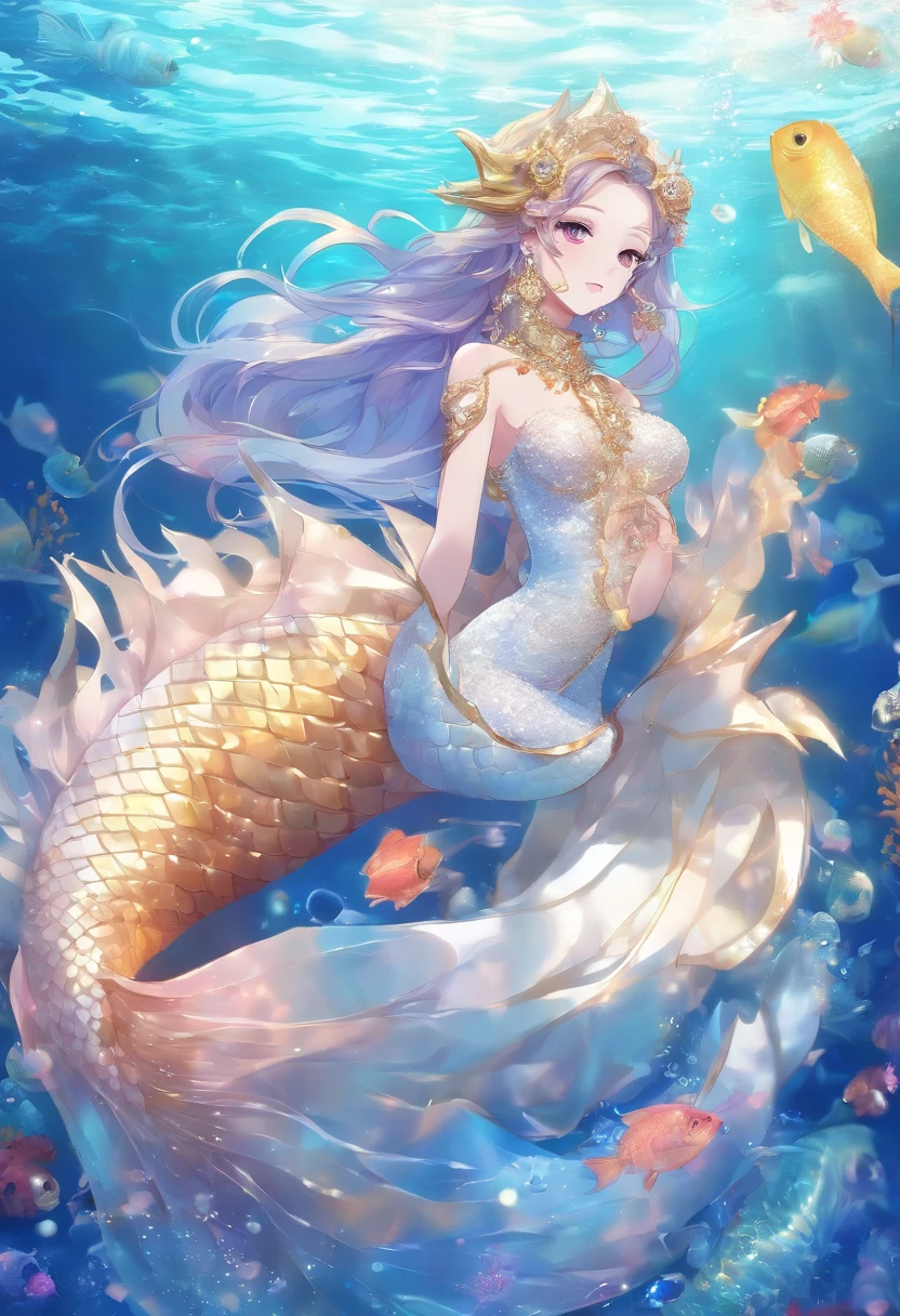 ((Little Mermaid,Princess,Pregnant,Very big belly,Mermaid in Japan,Her whole body,japanese beauty girl,Photograph the whole body,late pregnancy,the presence of scales on the arms,,,Full Mermaid Tail,The lower body is completely the body of a fish,,the lower body is completely covered with scales,,,Scales around the waist,Gradation of scales and skin,Mermaid tail,Wear the finest gorgeous bras,The whole body is shown,Her whole body,Panoramic view of the tail,Whole tail)),(((From the upper arm down there are scales.,the presence of scales on the arms,,,,,Beautiful blue and gold decoration,Blue and gold decoration all over the body,There are thin scales around the stomach,the presence of scales around the belly,,,,,Beautiful scale gradients,Glittering scales,Realistic scale,Pearls and jewel-encrusted scales,))),((Beautiful fins,Sparkling tiara,Lots of gems,Giant Tiara,glitter makeup,Gorgeous bracelets,Gorgeous earrings,Huge necklace,Gorgeous Rings,The boundary between humans and fish is a gradation of scales and skin color,Realistic gradients of scale and skin tone,segment々Transformation of scales into a flesh color)),(((Shining water,She is swimming in the sea,swimming through the ocean,Her whole body is visible,Beautiful corals and lots of tropical fish in the background, Sunlight shines in, Hair swaying in the water,The sea sparkles like a jewel,Detailed sea, Fantastic sea,Fantastic background,Fine shine,Glittering Sea,Glittering background)))((A detailed face,face perfect,beautiful smiling face,Big smile,Quality and beautiful face,,Perfect fingers,Perfect hands,Accurate five-finger,Smile at the camera's gaze,Perfect gas chamber,perfect white teeth,Clean teeth,Precise teeth,Colossal tits))glistning skin,pretty skin,masutepiece, （highdetailskin：1.2），8K、Ulutra HD， Digital SLR, hightquality, hight resolution