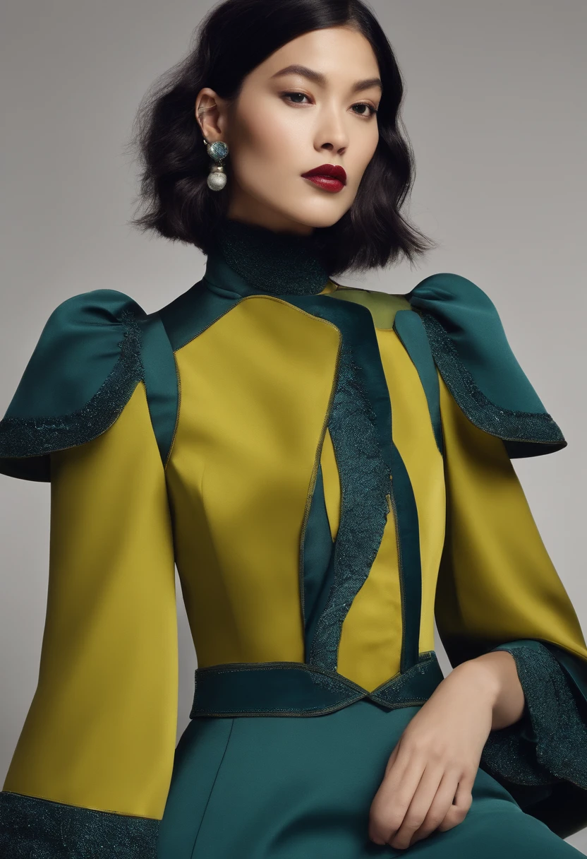 vogue photography, The young model wore a haute couture dress inspired by Chinese porcelain, Decorated with exaggerated glass headdresses and earrings, cowboy clothes, standing in front of a mirror, Intense light and shadow, Exaggerated glass fittings, Nature, A sense of life, The origin of all things, Tao is natural, SENSE OF CINEMA, Fashionab, The costume design is inspired by Japanese HDR, 64k, highly details, Masterpiece, Best quality, In the style of Steven Klein, Texture combinations, surrealism, Light and shadow, A sense of future technology, Parallel universe clothing from the Threeasfour clothing brand, 6 months ago.Clothing designed by J, Realistic skin details, Dark white, light silver, Low angle shooting, Glass craft materials, Fluid, incubus, Master photography, David Sims' photographic style,