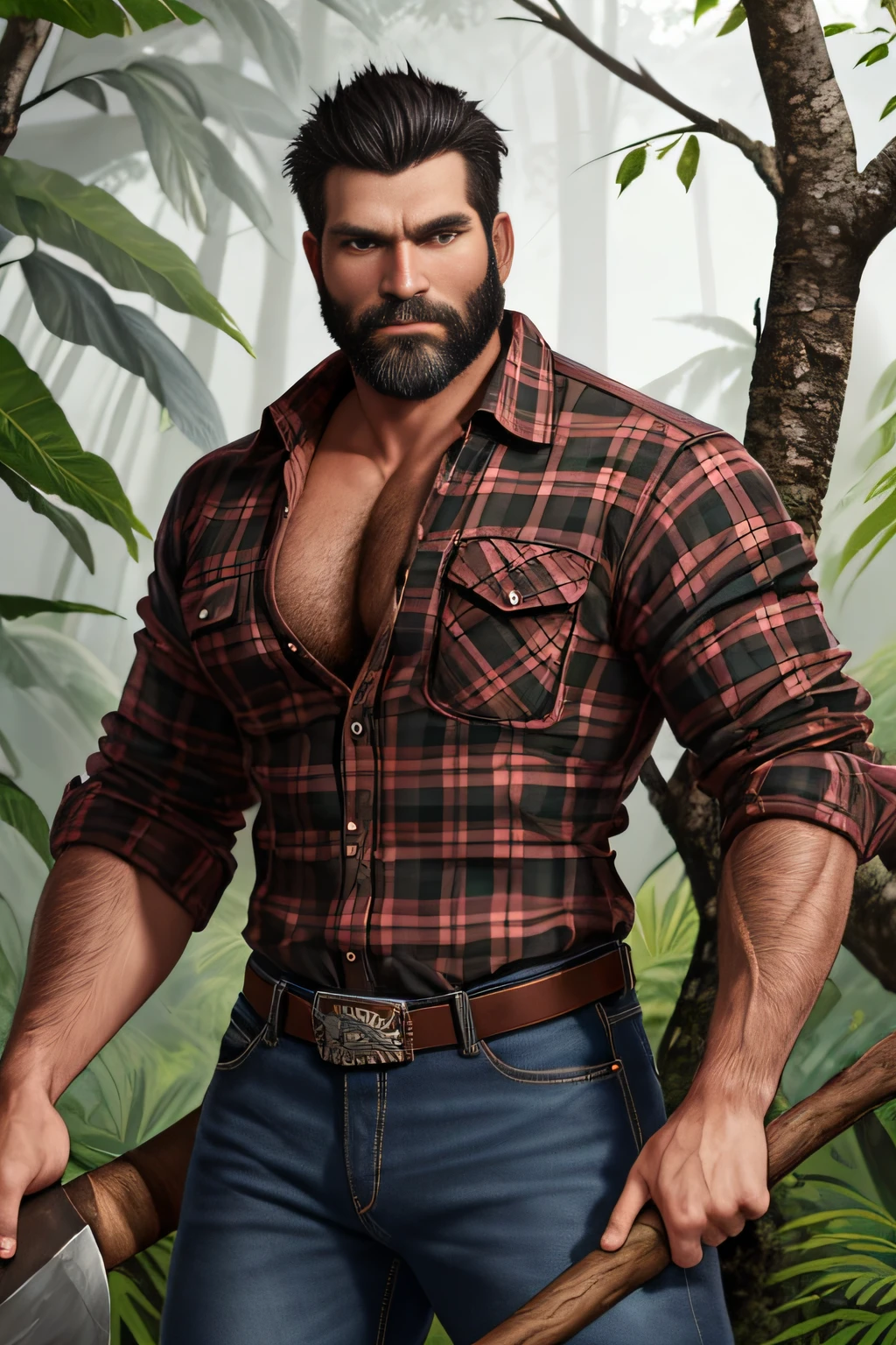 fuhrerdoodles style painting of a rugged lumberjack wearing an open plaid shirt and jeans holding an axe in one hand standing in the jungle, beautiful eyes, black beard, black hair, detailed , sexy pose