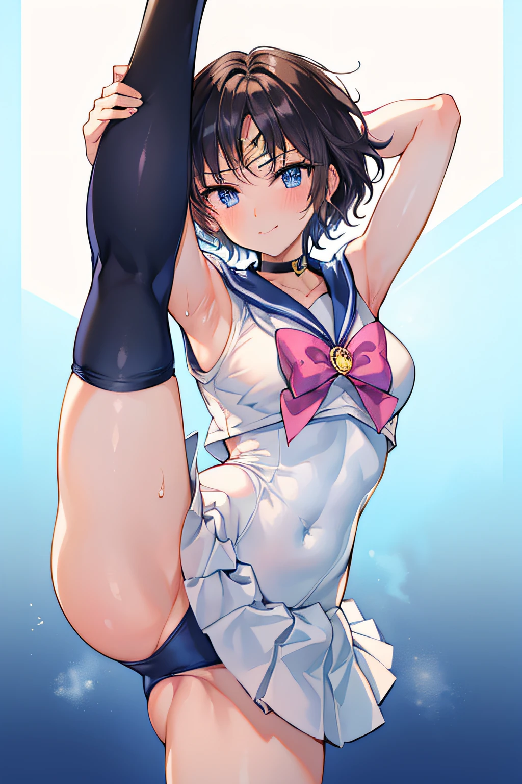 masterpiece, top-quality, hight resolution, 8K, Hi-Res, ultra-detailliert, 1girl in, NSFW, (Anatomically correct), (Full limbs), (Precise fingertips), Slender 18 year old beautiful active girl, Brown-eyed, Slender eyes, A dark-haired, extra very short hair, (Black skin:1.3), ((Sailor Moon: 1.3)), (white leotard), (Blue sailor color), (Over-the-knee boots:1.1), a choker, (white glove), Blue choker, (elbowgloves), (a blue skirt), sole, flexible, (Standing on one leg:1.2), (standing split:1.3), muscular, Hand lifting one leg, ((Gymnastics competition venue:1.3)), A smile, High school students, Full body like, Bust 86, Waist 58, Hip 88, (Mass sweat), (Tempered body, Toned body, Split abs:1.1)