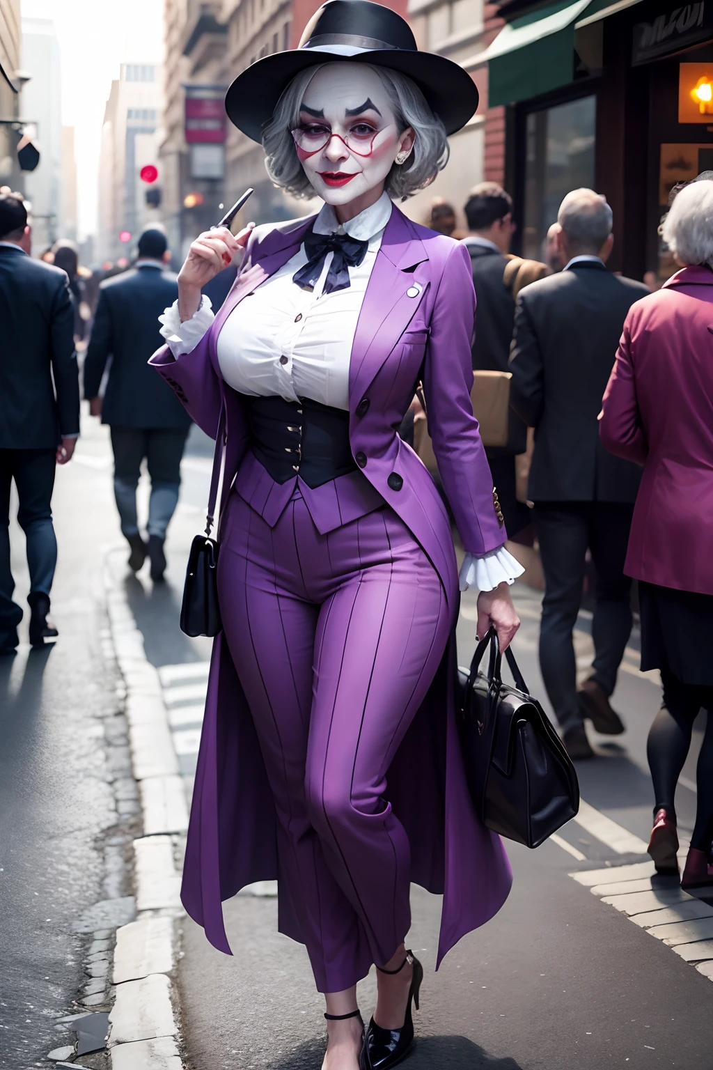 Joker dressed as a old woman, full body shot, on the crowded street, giga_busty